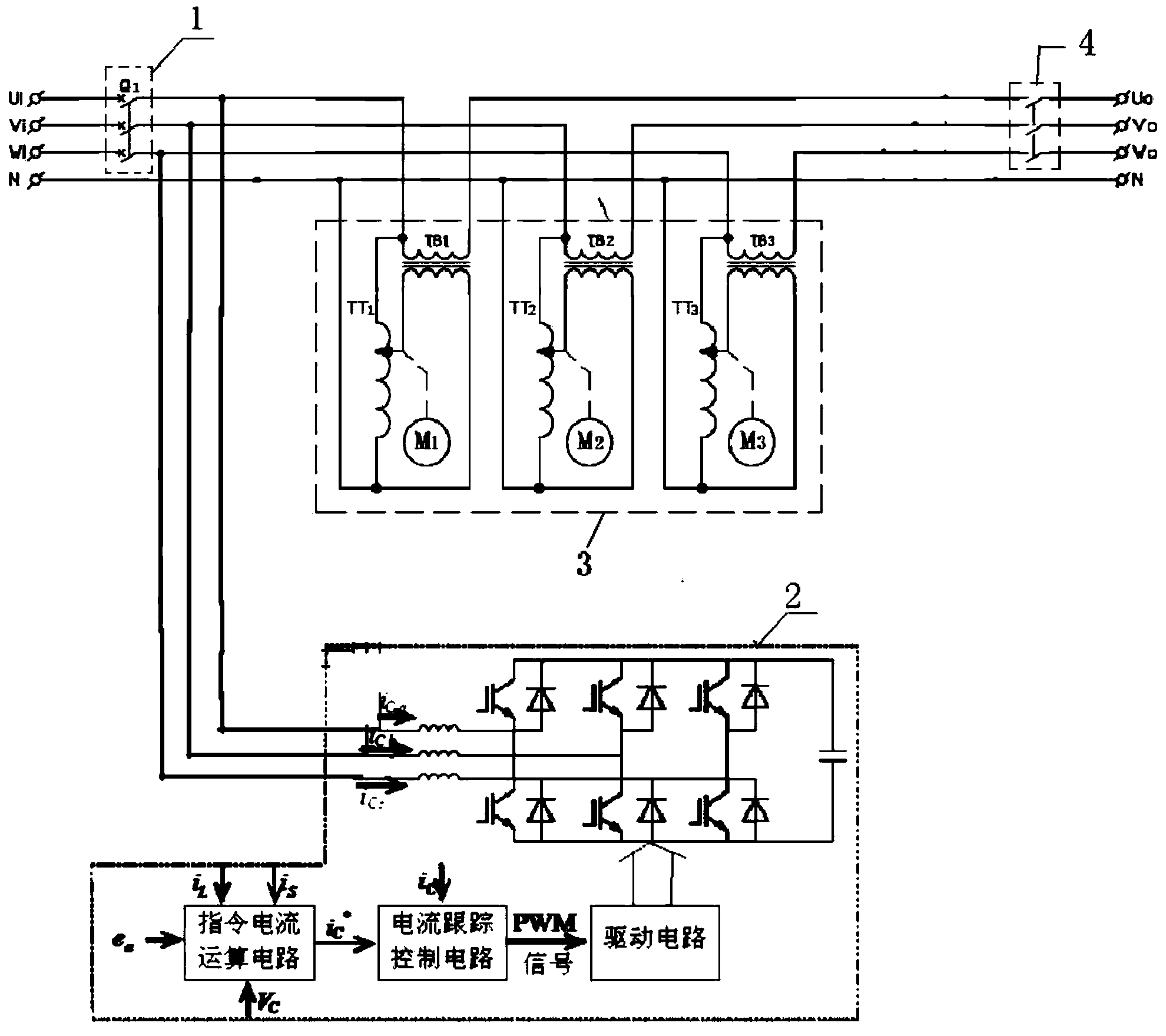 Three-phase alternating-current building voltage-stabilizing electricity-saving device