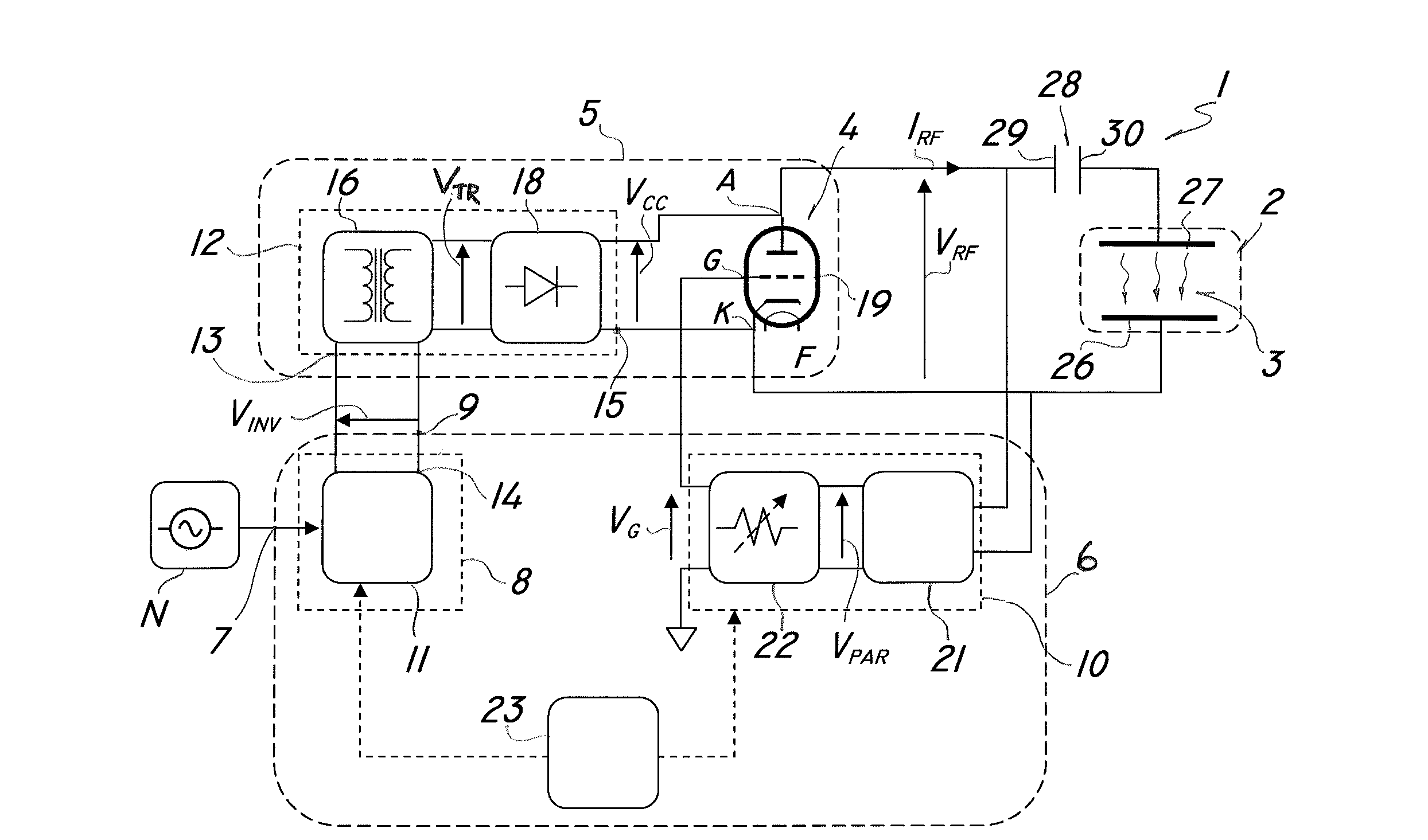 Device for generating an alternate radiofrequency electromagnetic field, control method and plant using such device