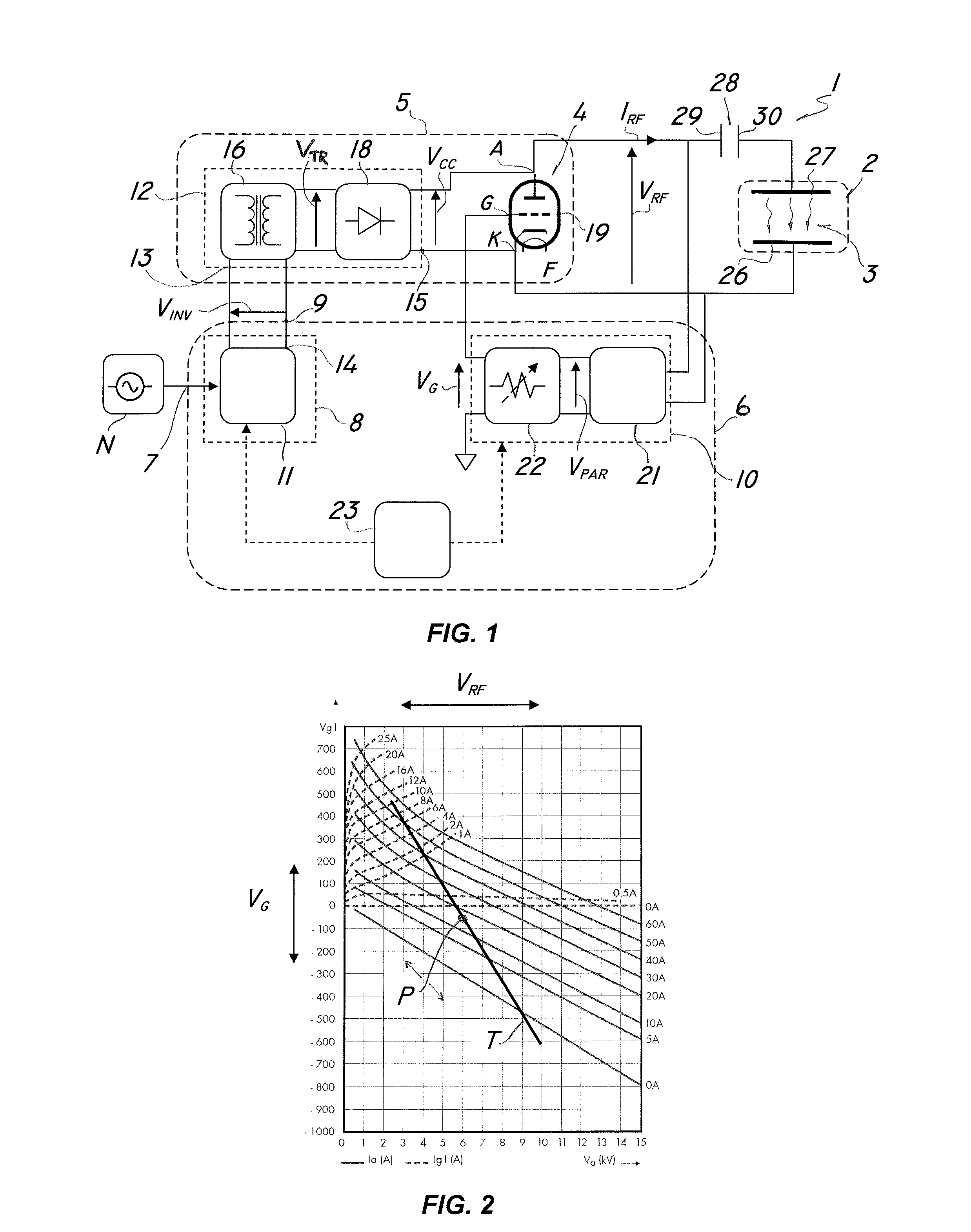 Device for generating an alternate radiofrequency electromagnetic field, control method and plant using such device