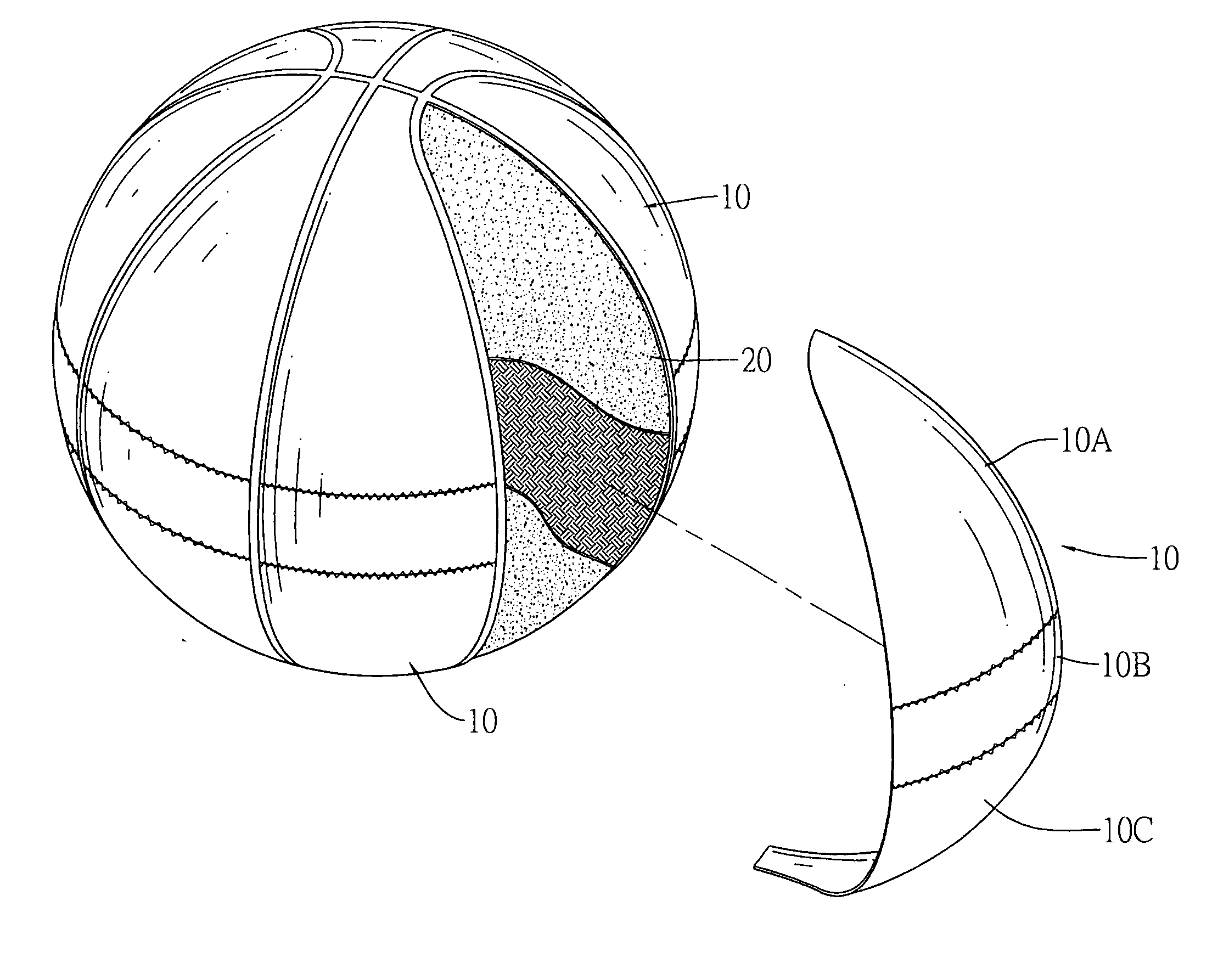 Cover panel structure of a ball surface