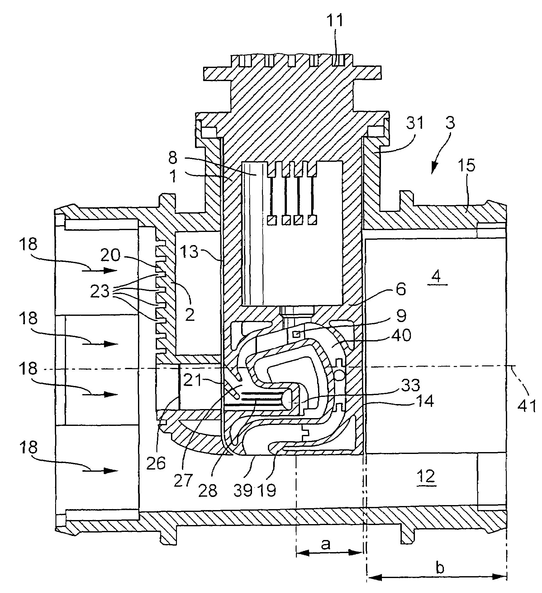 Device for determining at least one parameter of a medium flowing in a conduit and having a separation opening in the bypass passage