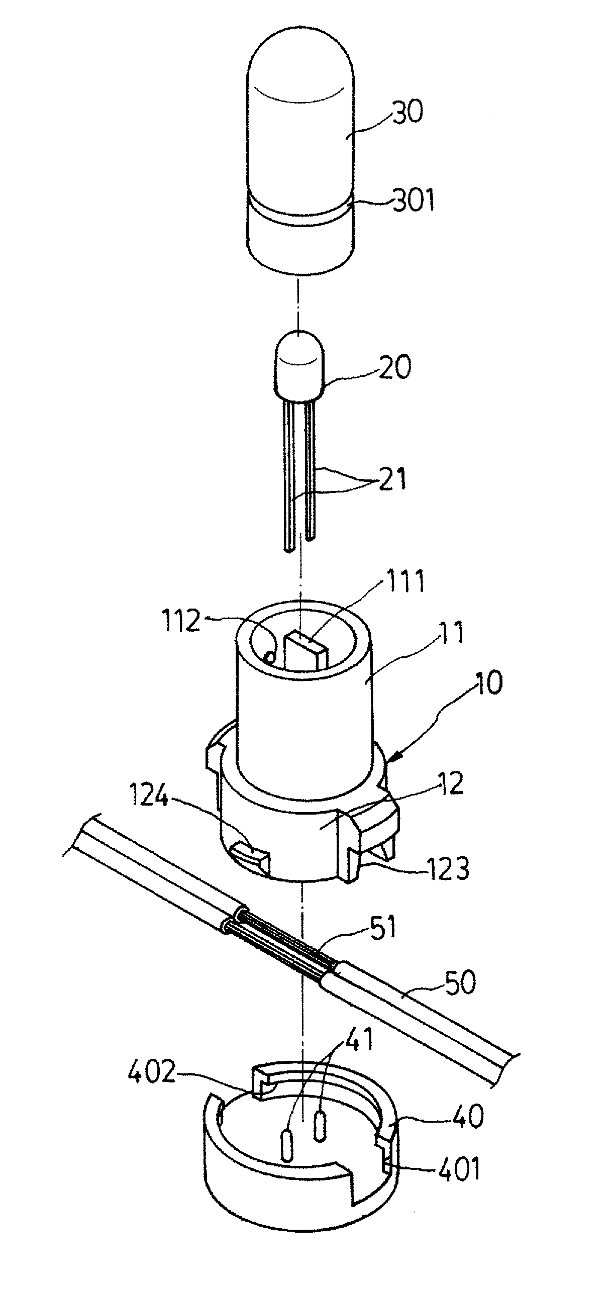 Bulb socket having terminals connected to a partially stripped cord