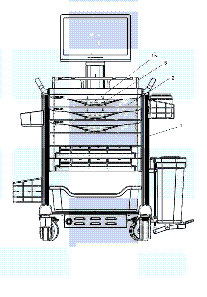 Medical cart with positioning mechanism vertical to pull-out direction on drawer