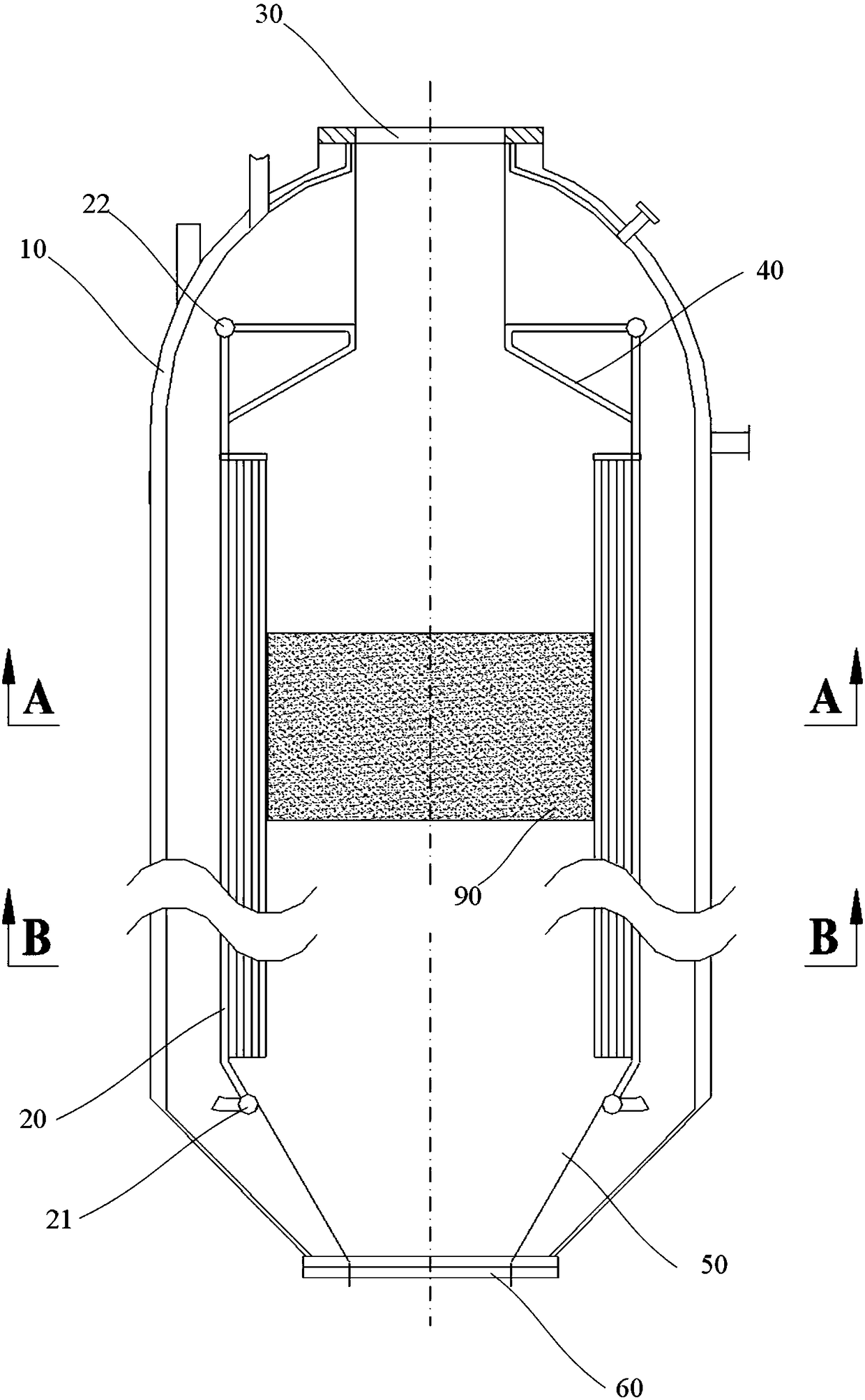 Radiant syngas cooler for entrained-flow bed gasification and cooling method