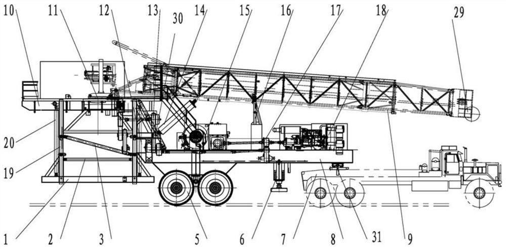 Semi-trailer integrated transfer device for guy-rope-free petroleum drilling machine and workover rig