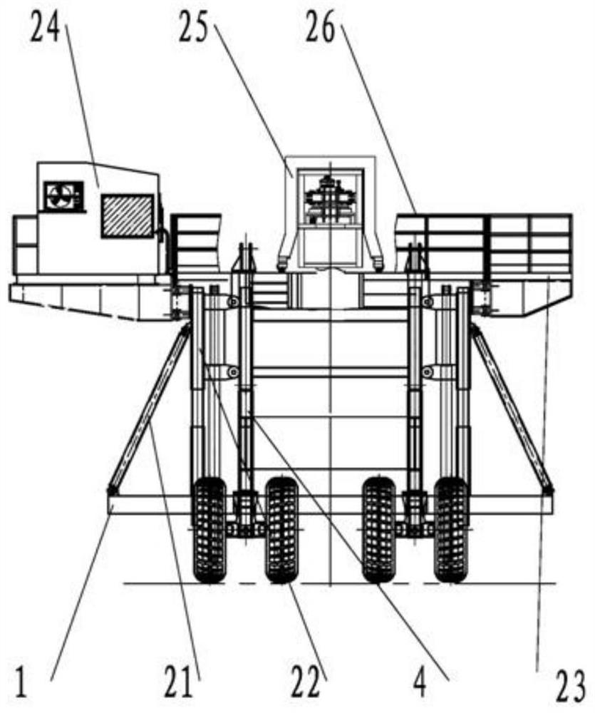 Semi-trailer integrated transfer device for guy-rope-free petroleum drilling machine and workover rig