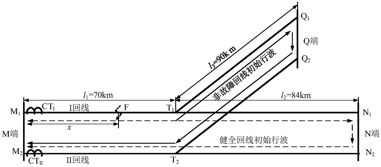 Single-end travelling wave range finding method for common-tower double-loop T-joint power transmission line