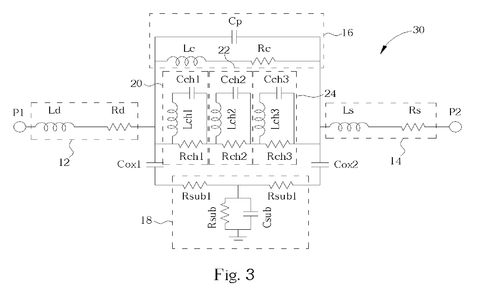 Equivalent circuits and simulation method for an RF switch