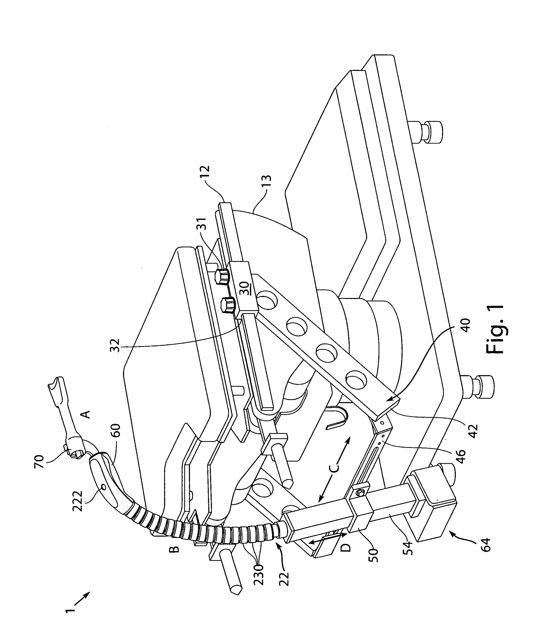 Table-mounted surgical instrument stabilizers with single-handed or voice activated maneuverability