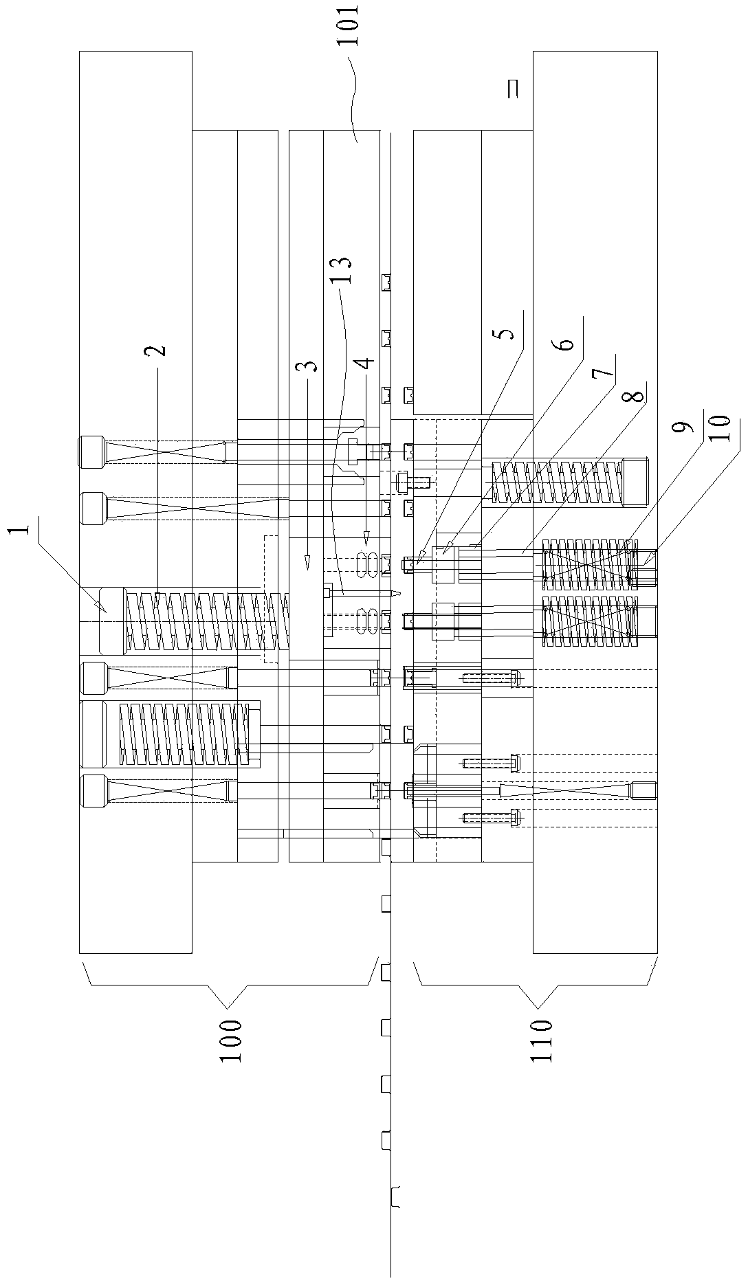 Upper punching structure for continuous deep drawing or molding die