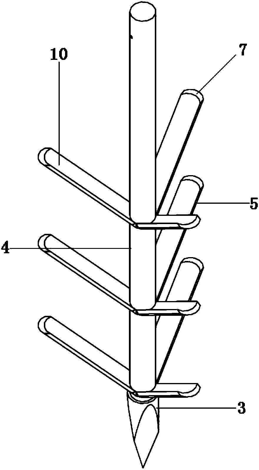 Round-rod-like branch stretching instrument with cambered wings for trimming of Camellia oleifera trees