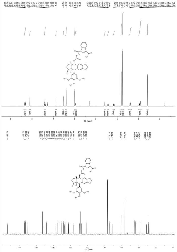 N-succinic acid mono-substituted indole (azole) spliced podophyllotoxin compound as well as preparation method and application thereof