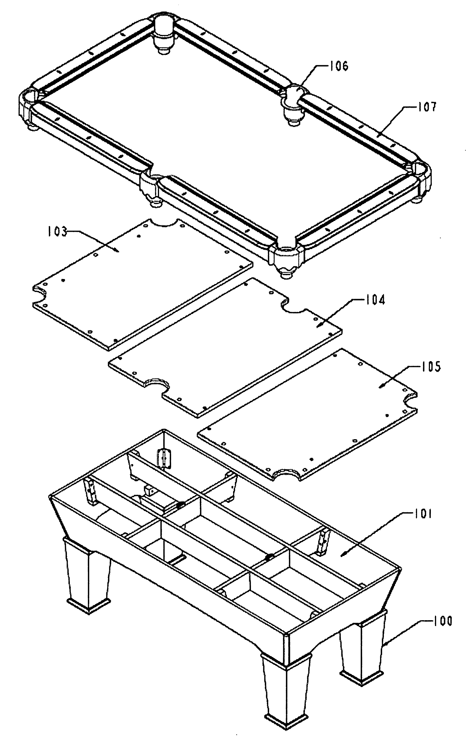 Billiard table with reinforcement on structure and support for the heavy slate