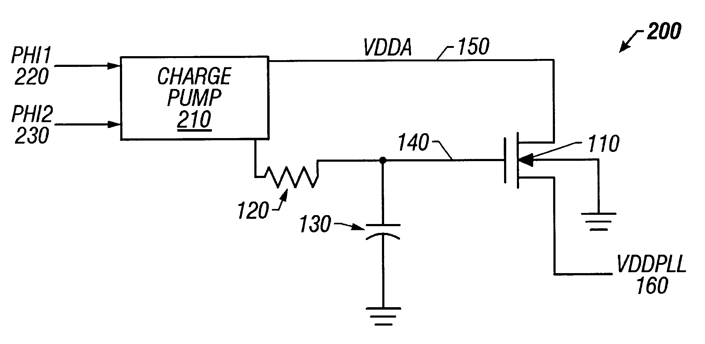 PLL power supply filter (with pump) having a wide voltage range and immunity to oxide overstress