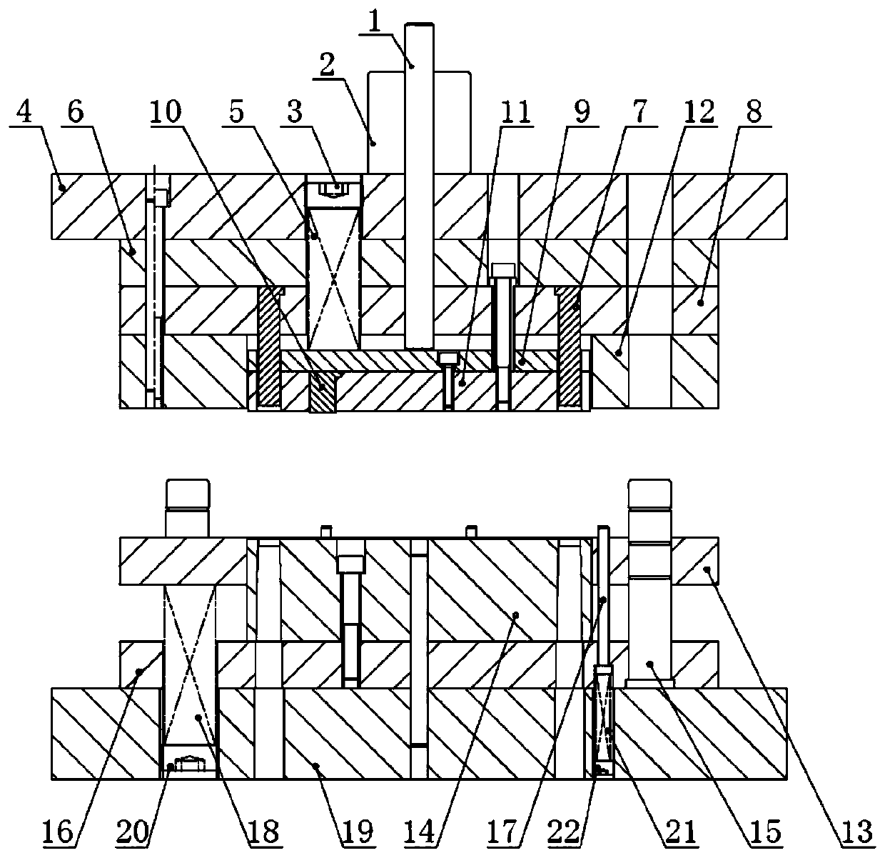 Compound die capable of reducing blanking force for thick material connecting card