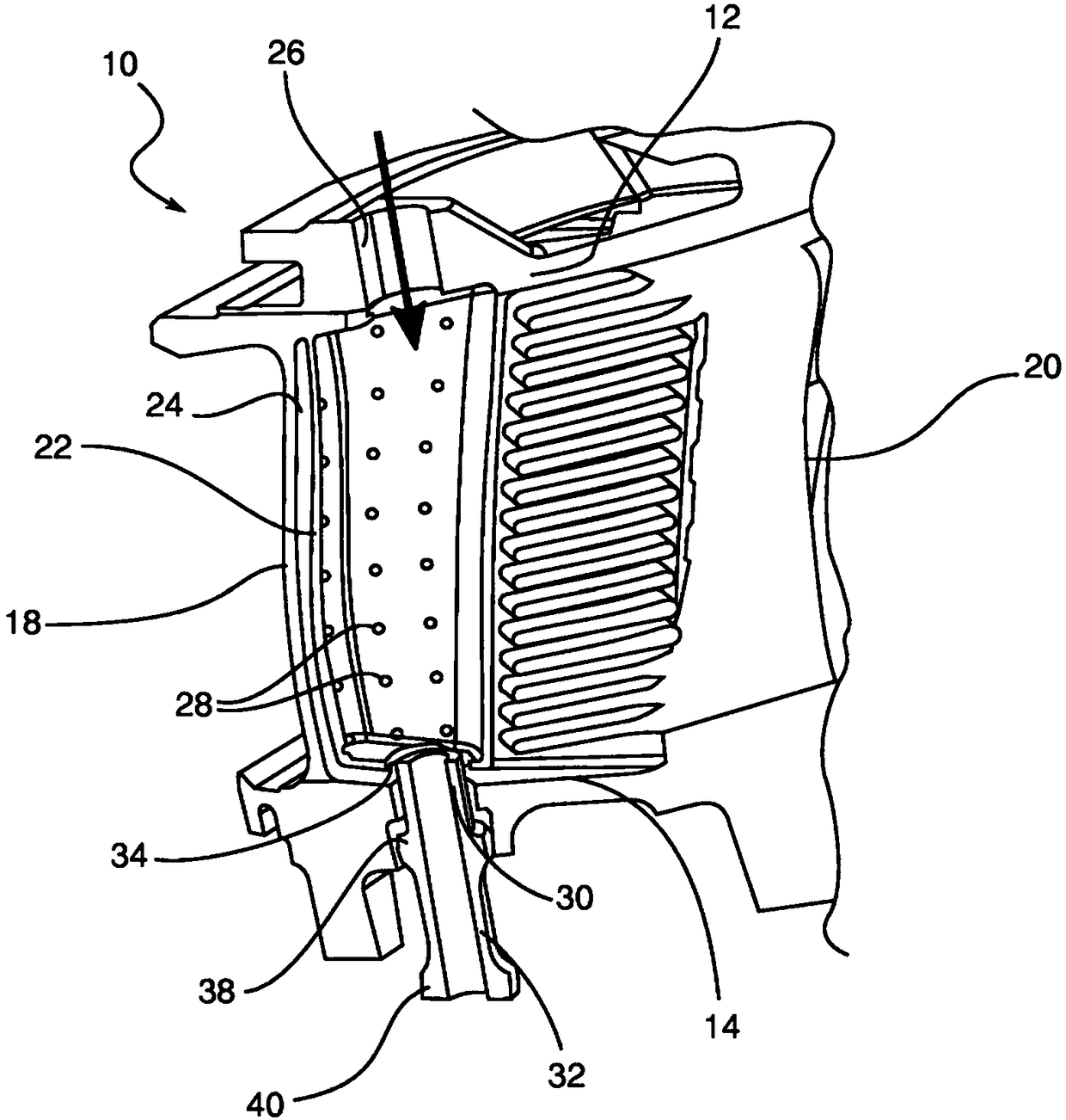 Blade equipped with a cooling system, associated guide vanes assembly and associated turbomachine