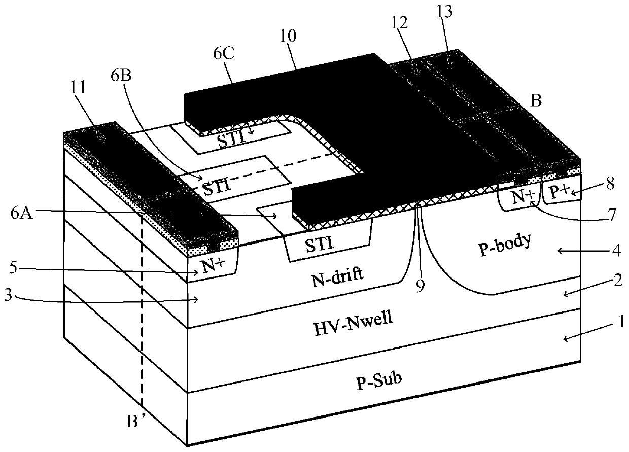 A lateral semiconductor device with a shallow trench isolation structure interlaced with interdigitated arrangement