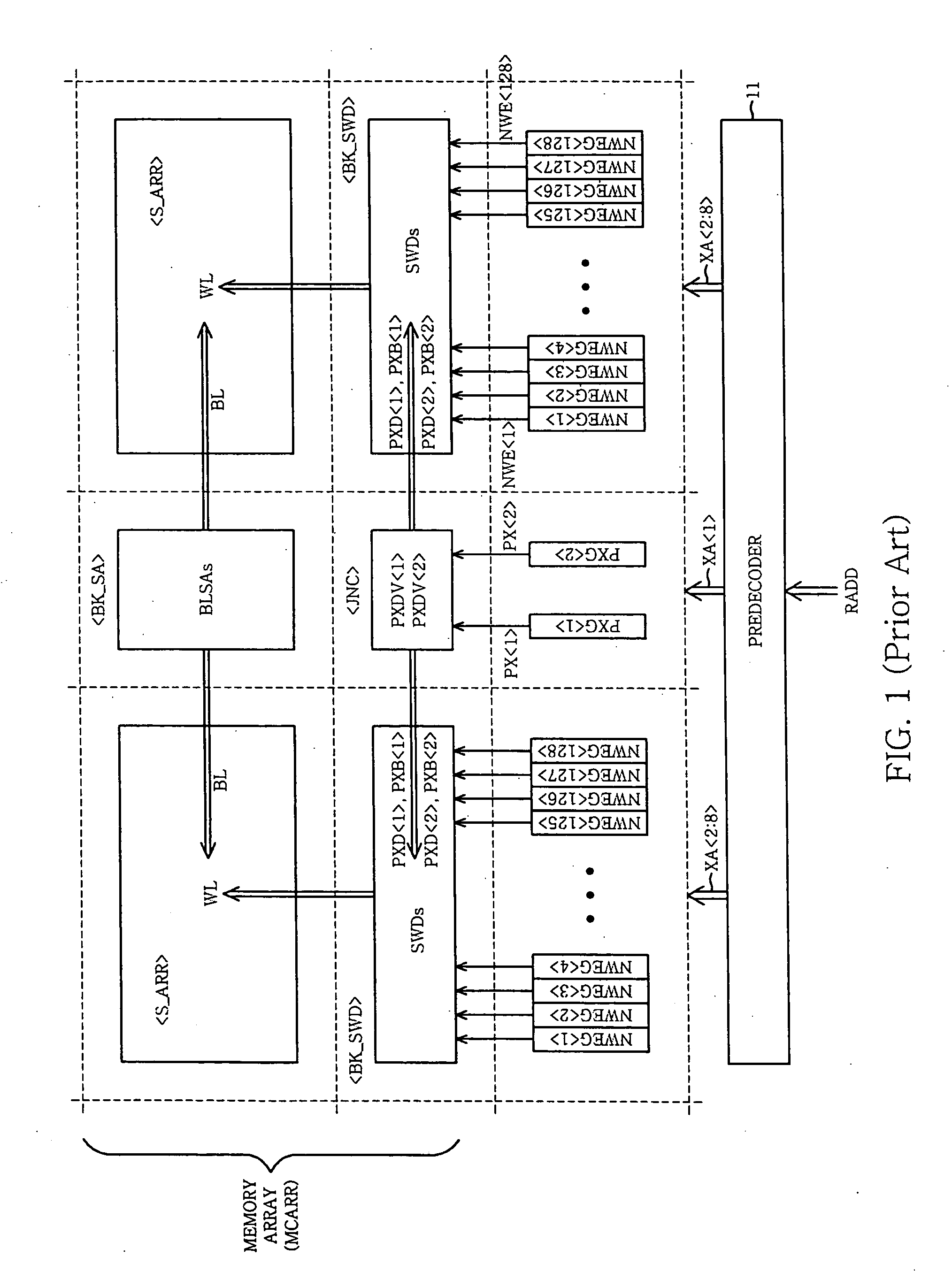 Semiconductor memory device adapted to communicate decoding signals in a word line direction