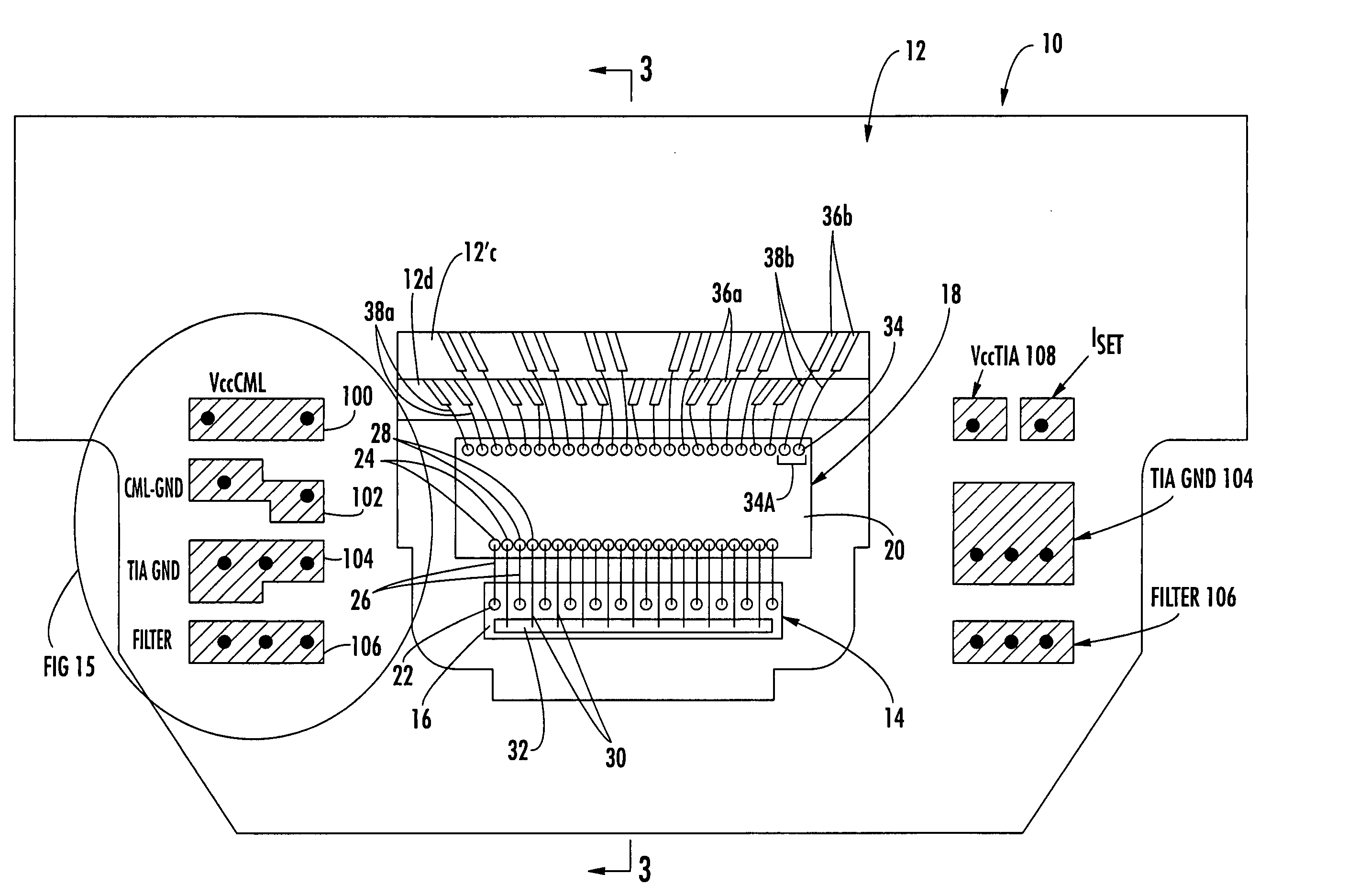 Arrayed receiver optical sub-assembly including layered ceramic substrate for alleviation of cross-talk and noise between channels