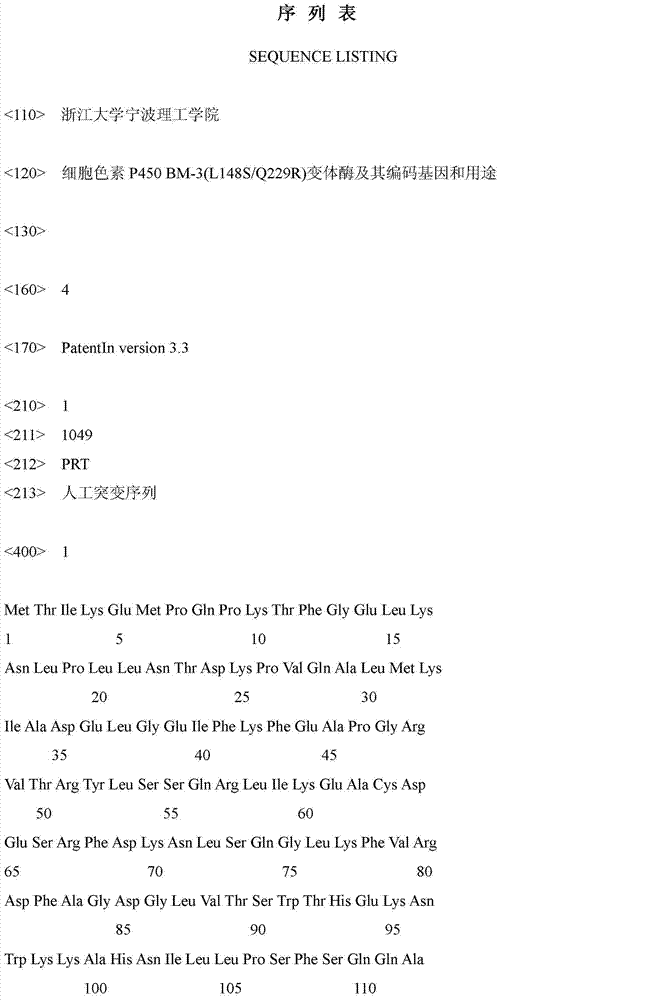 Cytochrome P450 BM-3 (L148S/Q 229R) variant enzyme and coding gene and use thereof