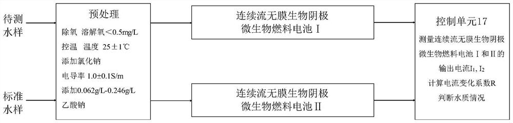 Water quality monitoring method based on continuous flow membraneless biocathode microbial fuel cell