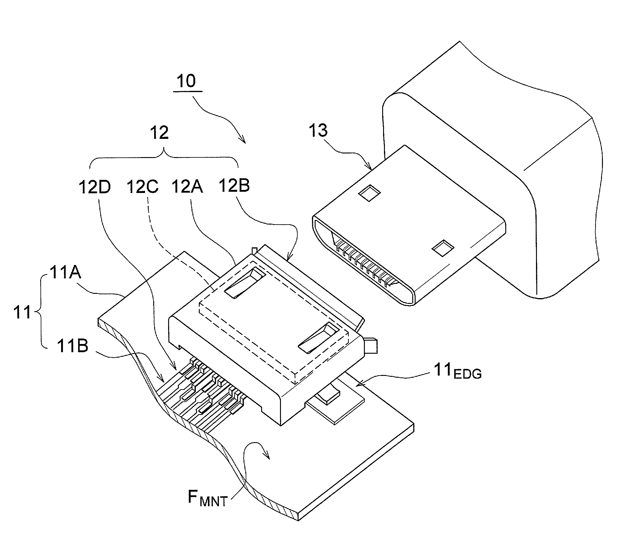Receptacle, printed wiring board, and electronic device