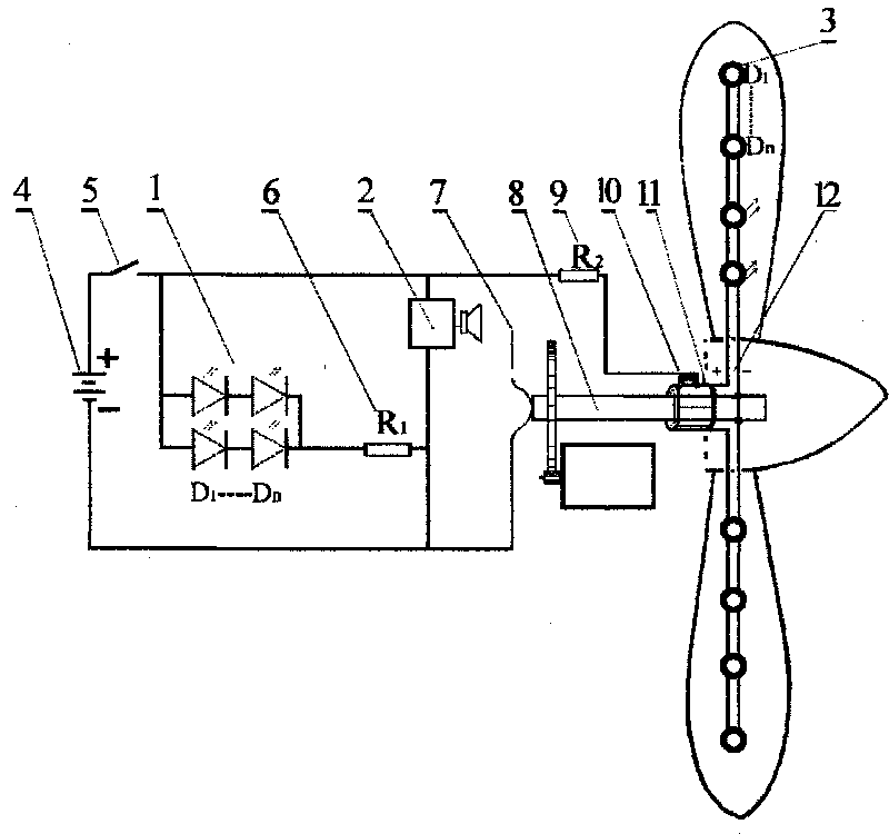 Rotary festoon lamp acoustooptical device on model airplane