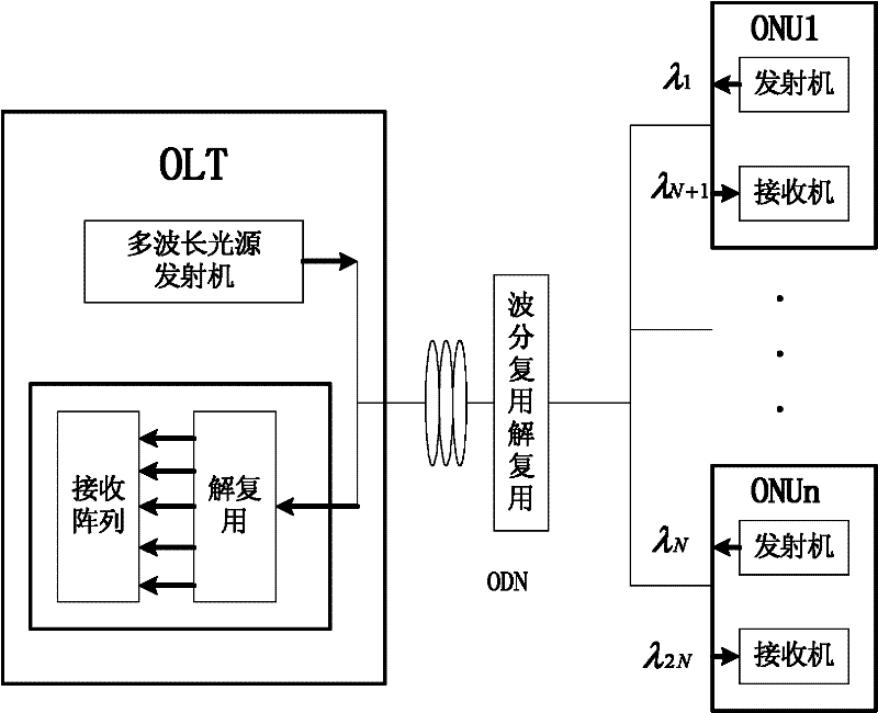 Polarized interweaving OFDM (Orthogonal Frequency Division Multiplexing)/SCFDM (Singe Carrier Frequency Division Multiplexing) passive optical network system