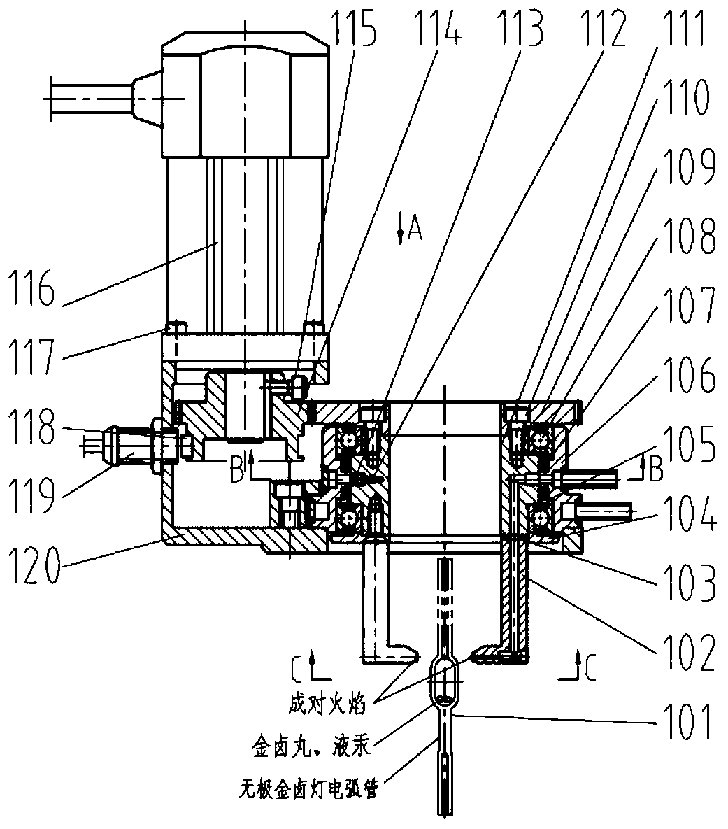 Rotary fire head device for sealing quartz glass tubular device and method thereof