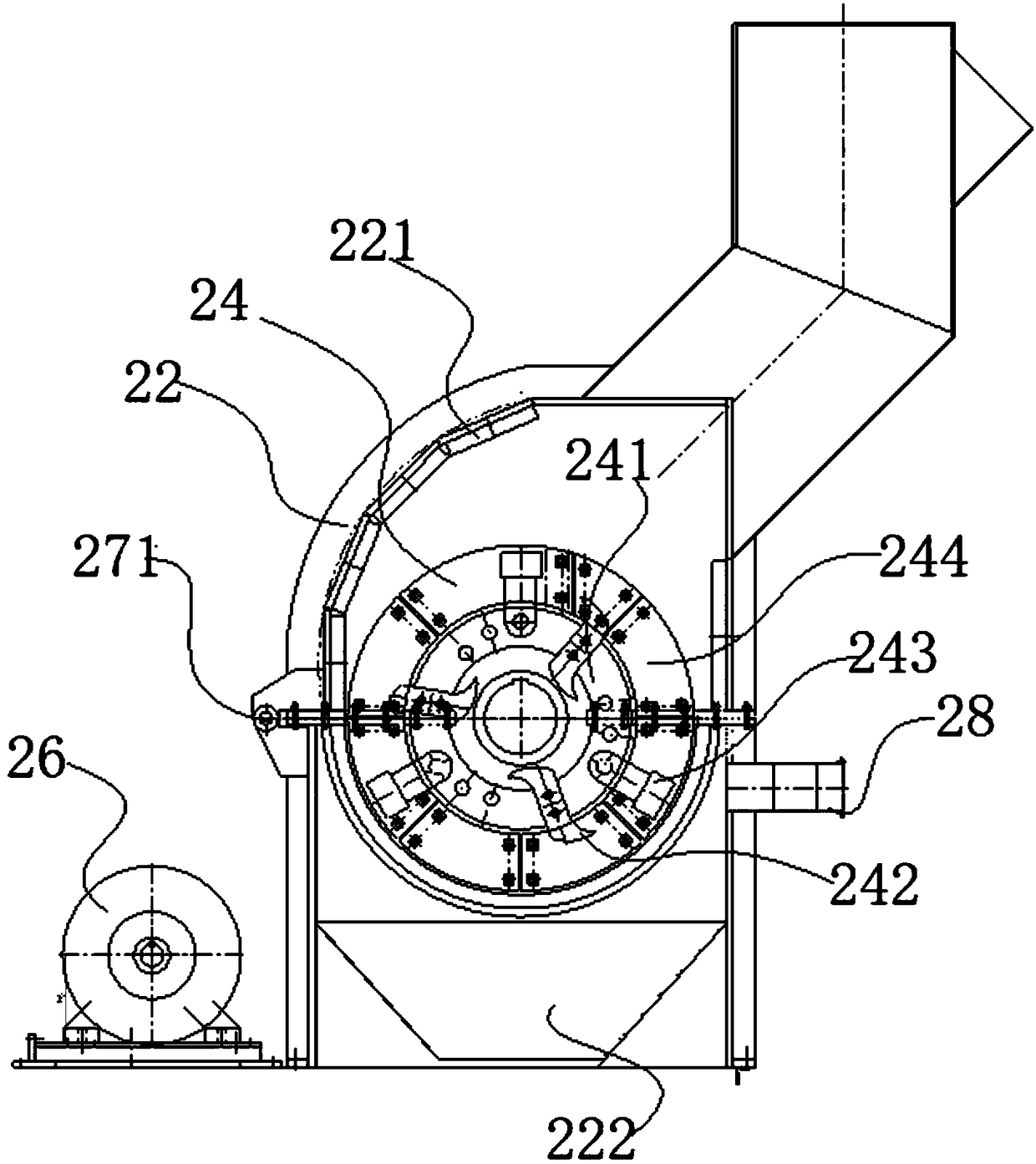 Crushing and classification device for light and thin metal, and treatment process thereof