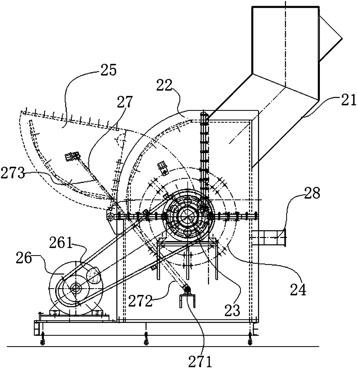 Crushing and classification device for light and thin metal, and treatment process thereof