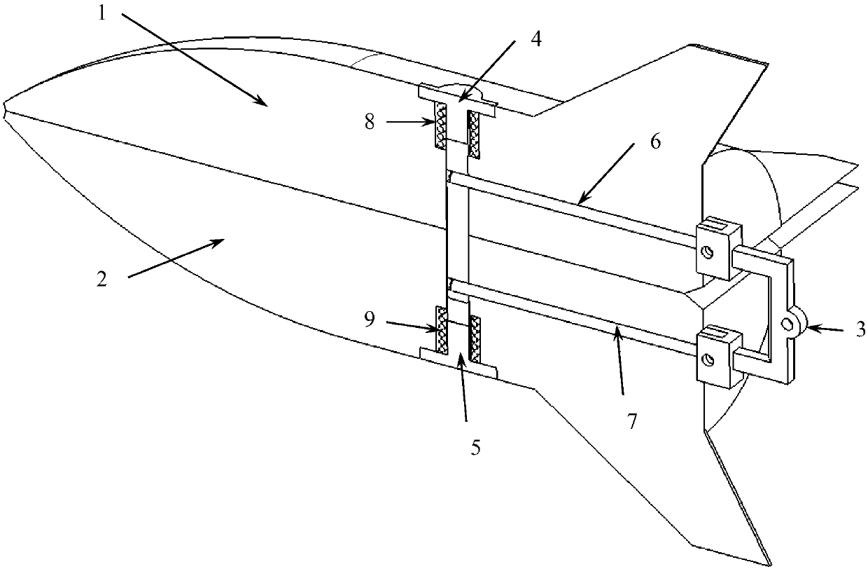 Parallel stage separation free flight wind tunnel testing device with mass center located on interface