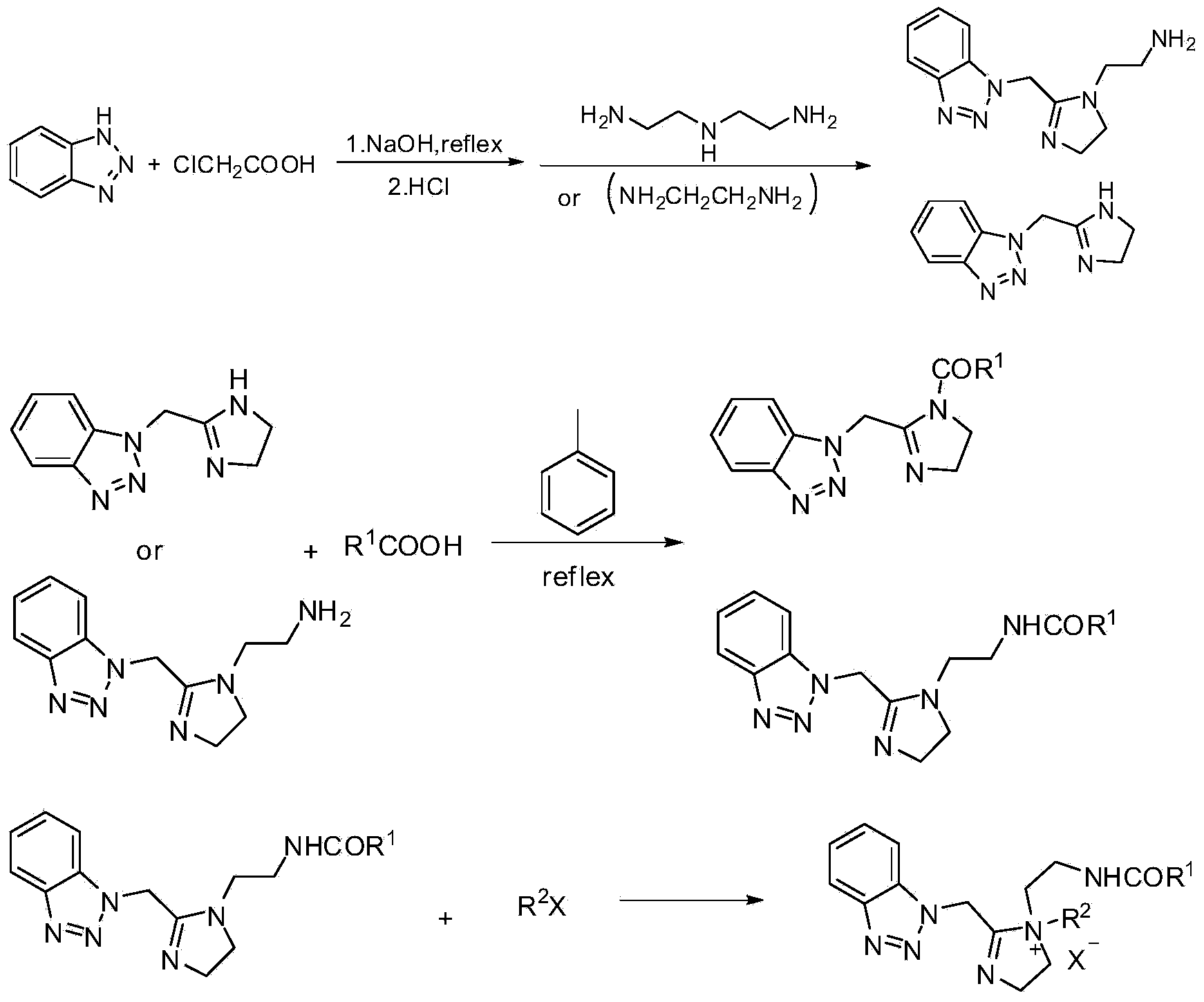 Benzotriazole imidazoline and derivative and synthesis process and application thereof