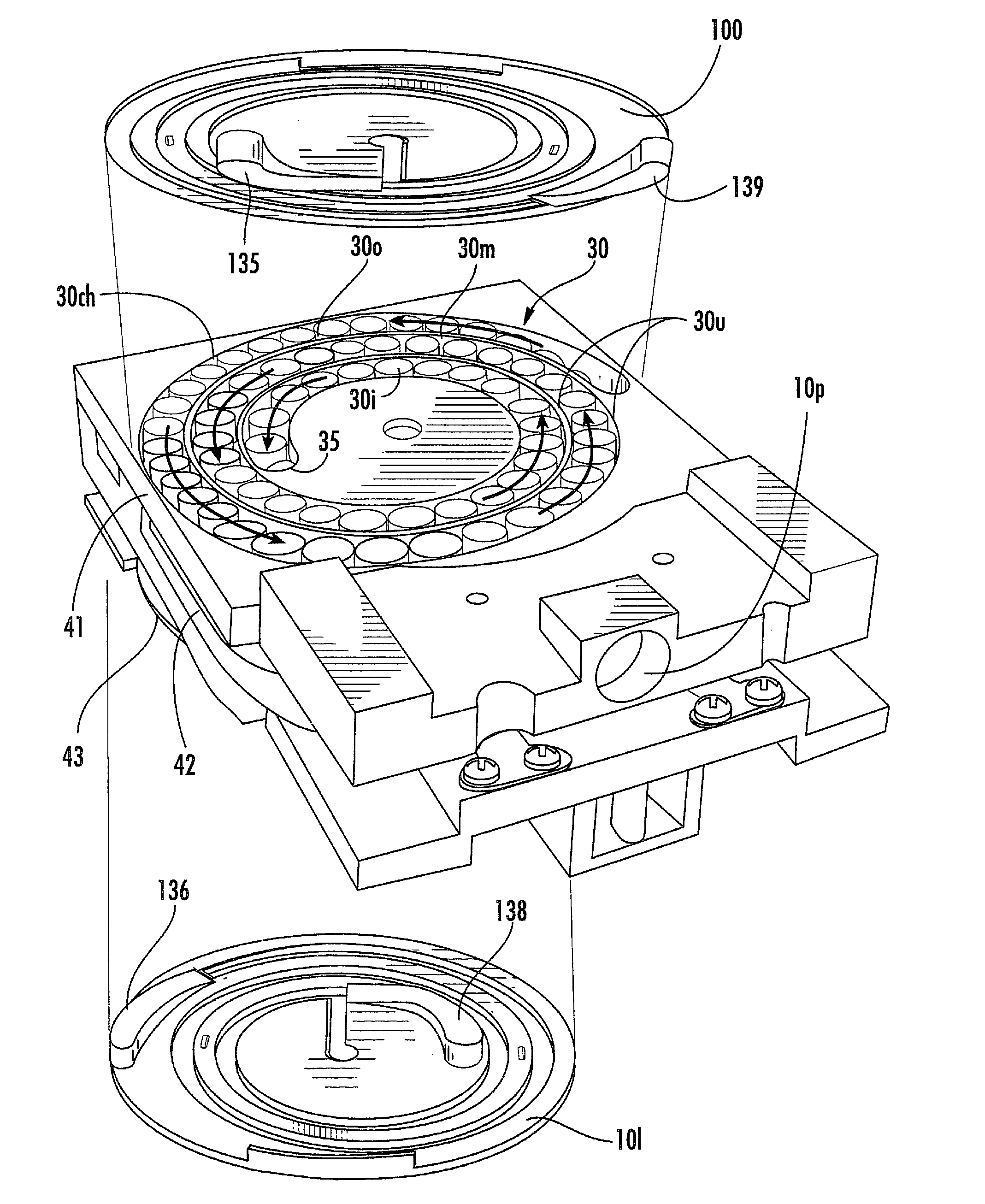 Dry powder inhalers having spiral travel paths, unit dose microcartridges with dry powder, related devices and methods