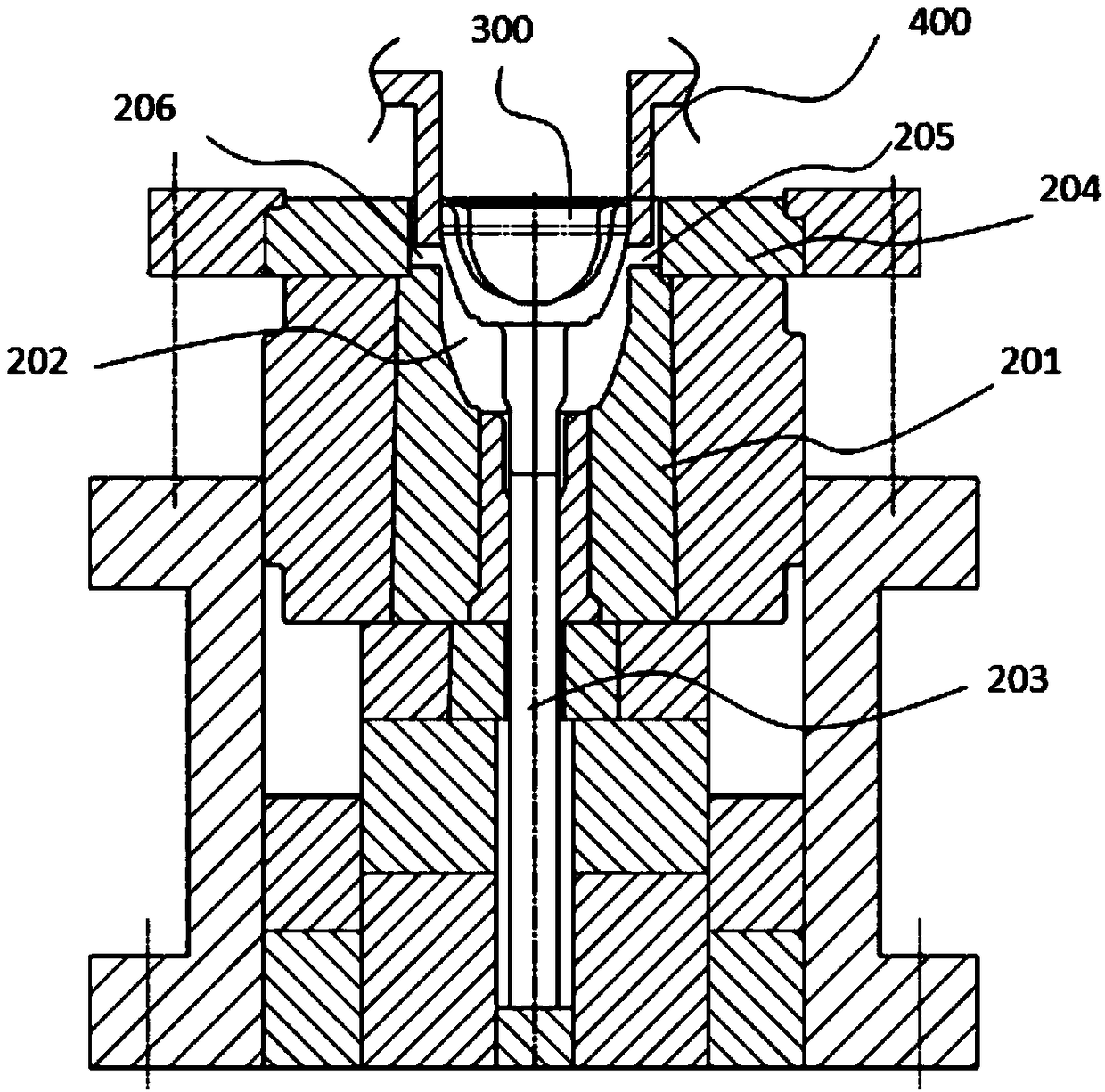 Concave die with righting structure