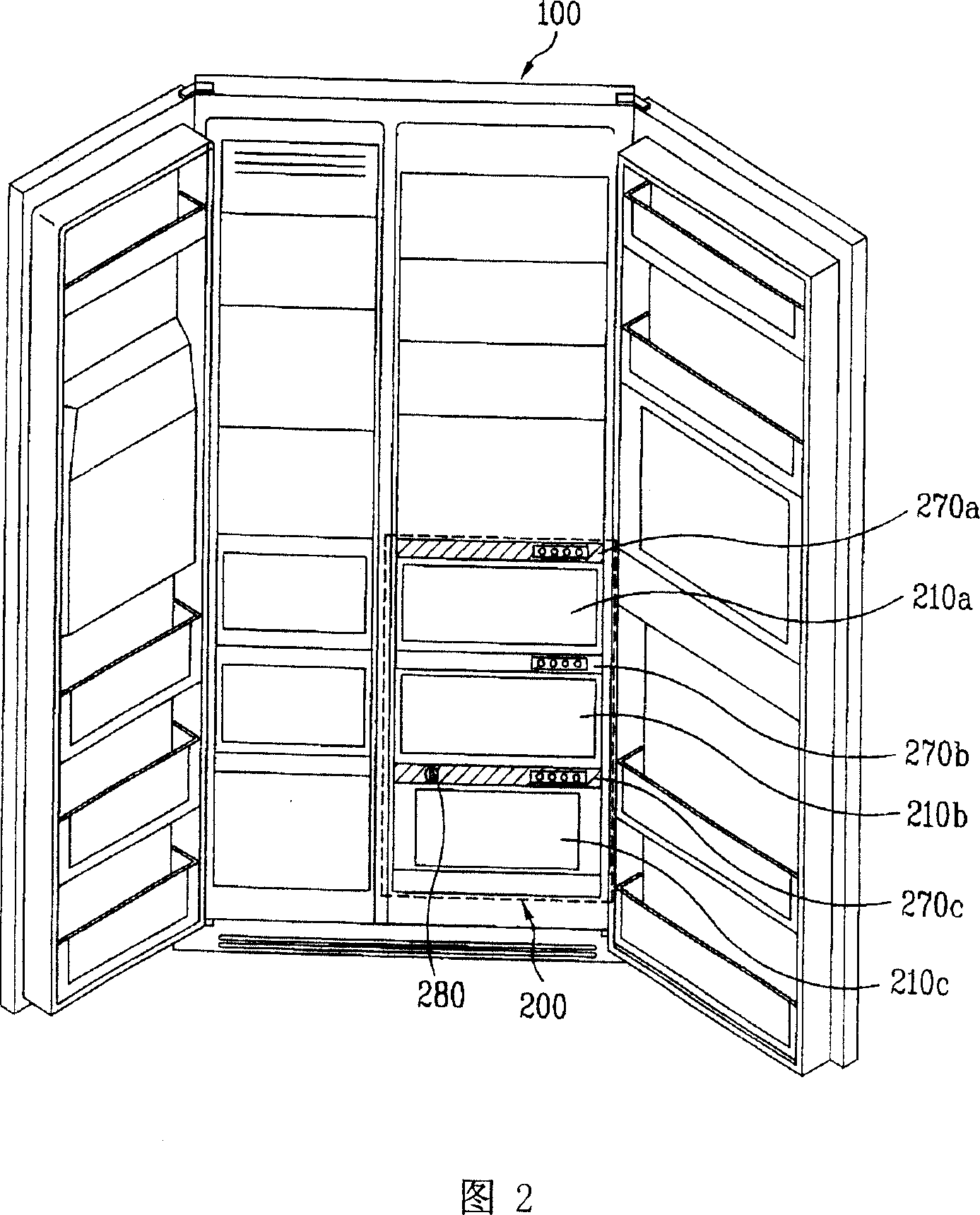 Foodstuff preserving container, refrigerator with the same and foodstuff preserving method