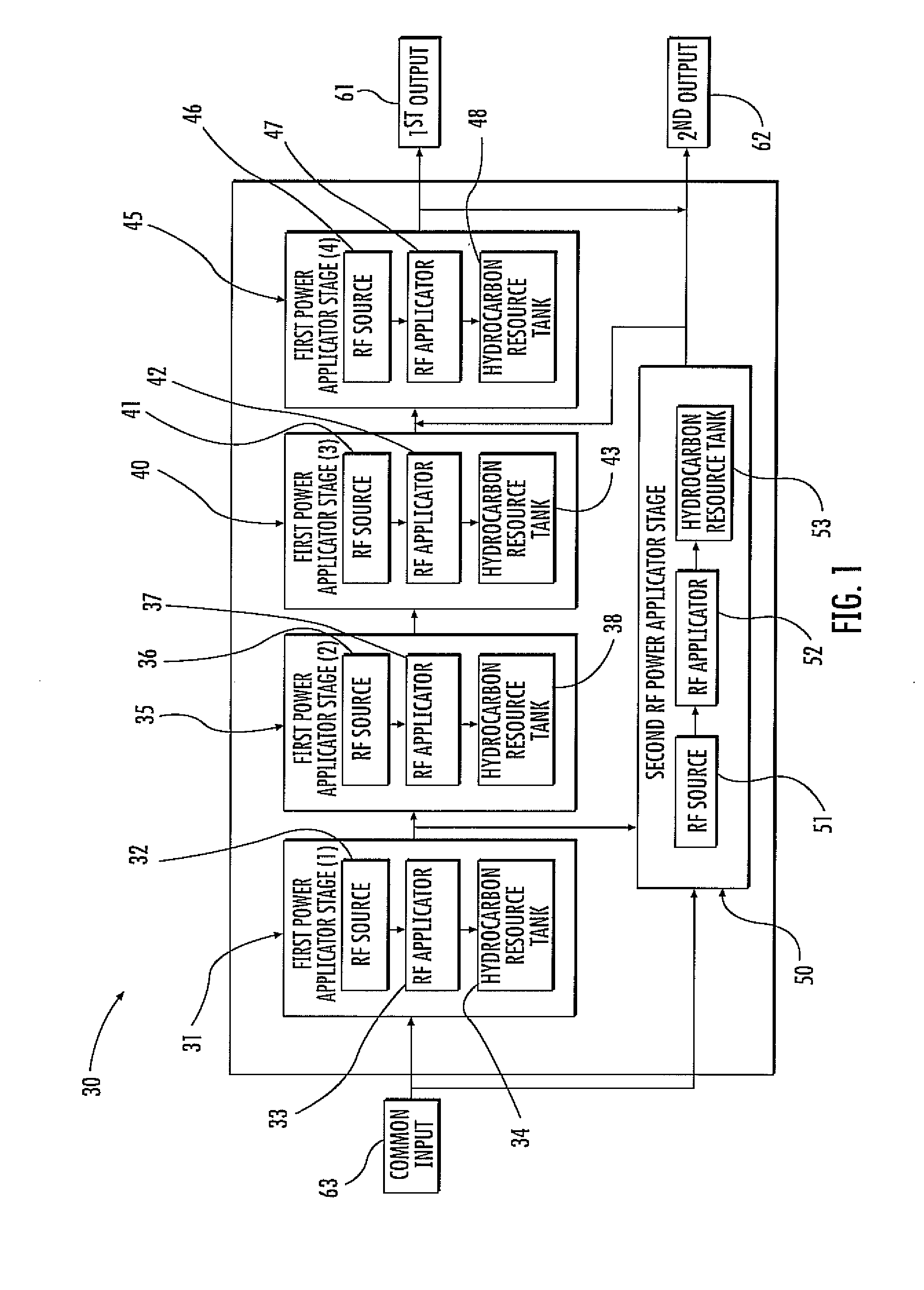 Radio frequency hydrocarbon resource upgrading apparatus including parallel paths and related methods