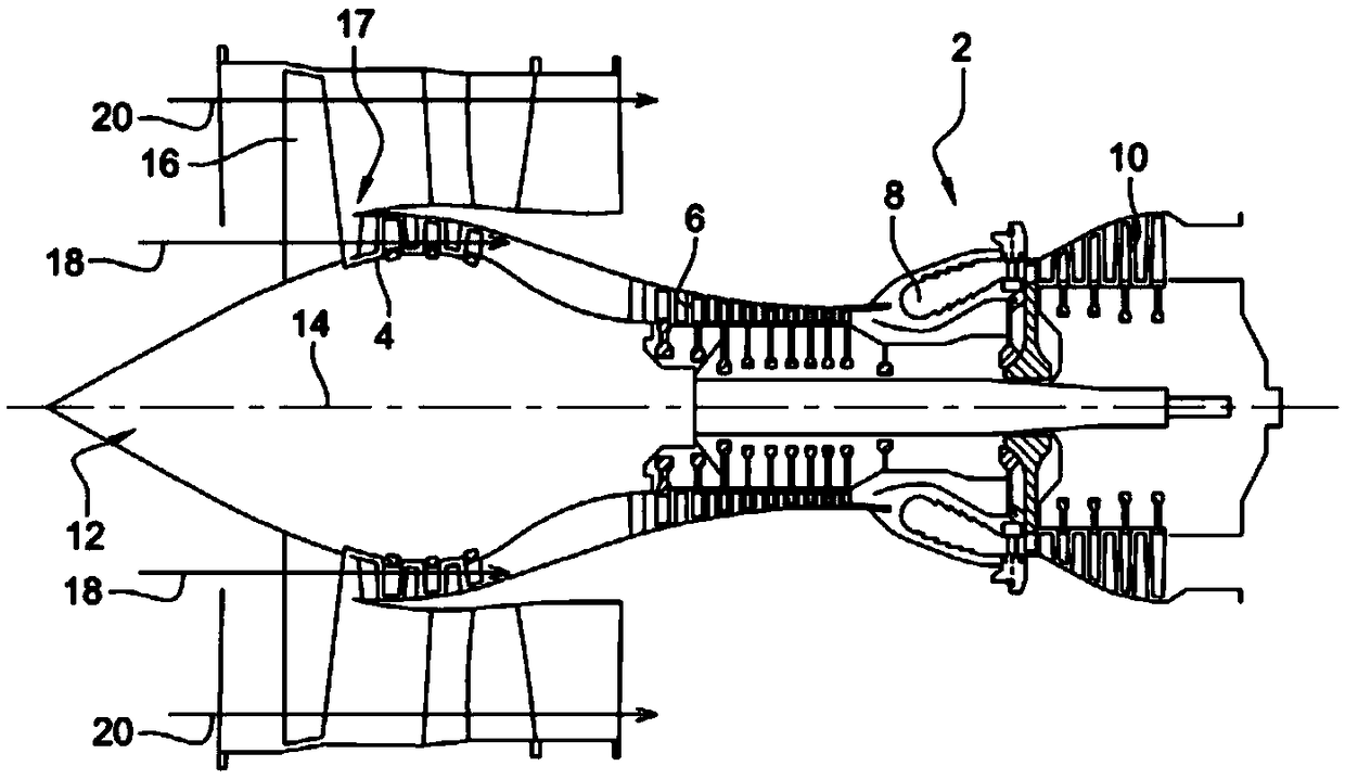 Split top end with annular de-icing duct for low pressure compressor of an axial turbine