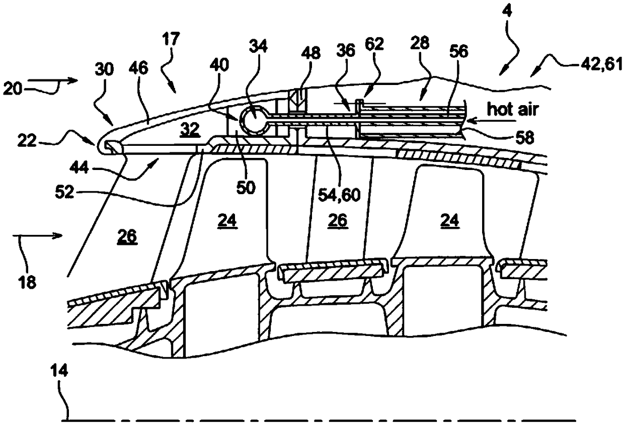 Split top end with annular de-icing duct for low pressure compressor of an axial turbine