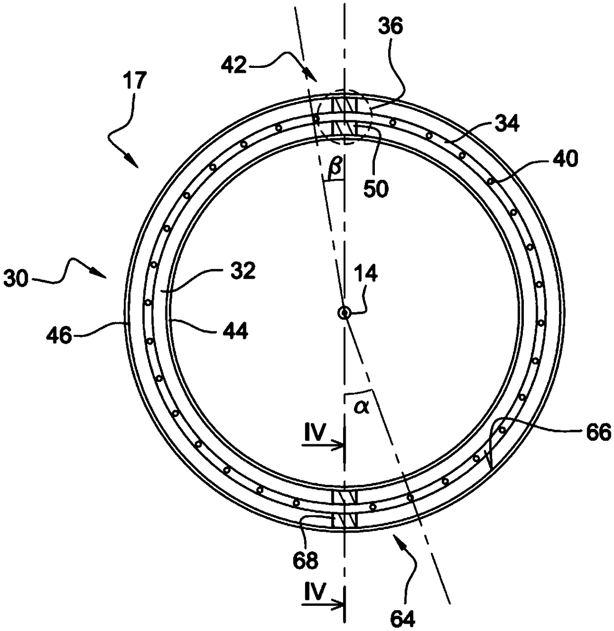 Split top end with annular de-icing duct for low pressure compressor of an axial turbine