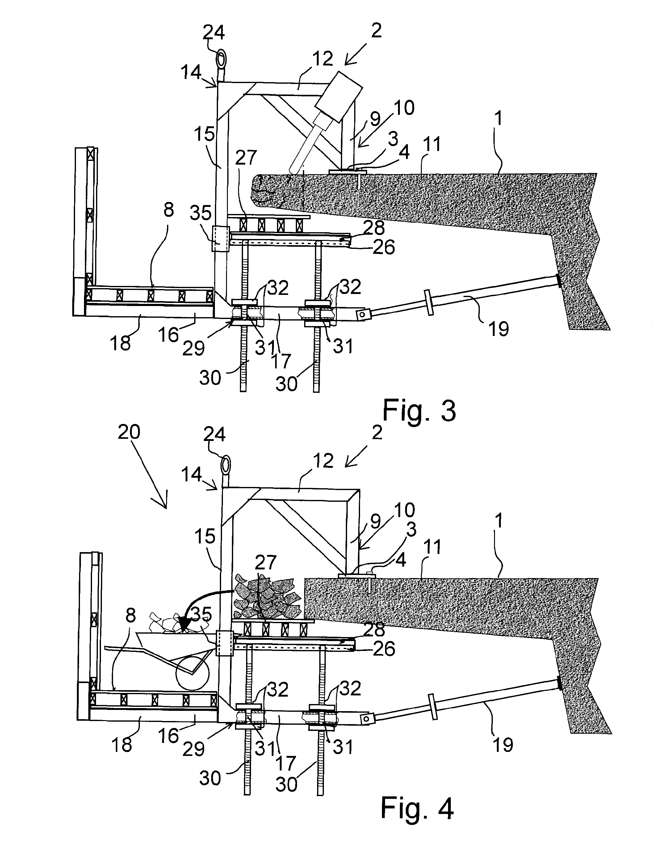 Scaffold Arrangement and Method for Repairing the Edge Structure of a Concrete Bridge