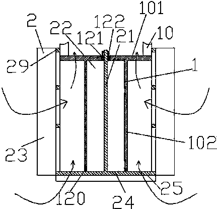Liquid supply device with layered sealing strip and connecting part with radial long and narrow slot