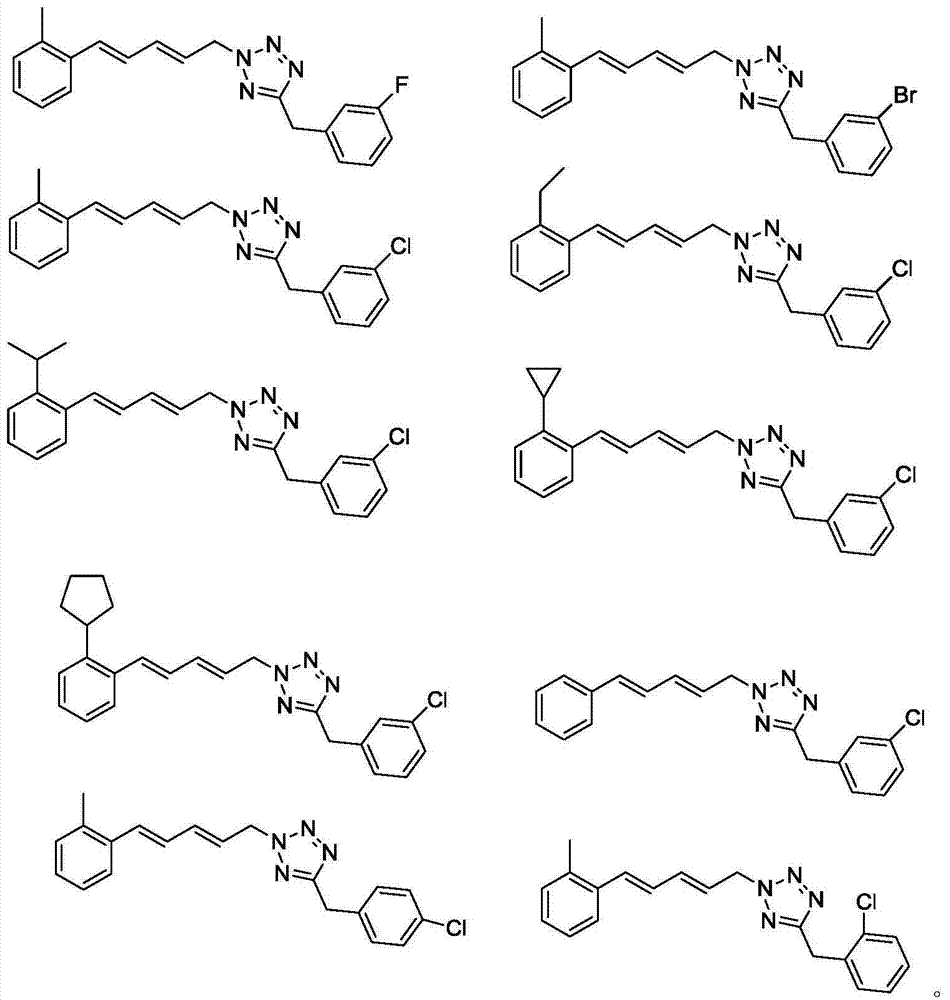 Diene tetrazole halobenzene series compound and preparation method and applications thereof