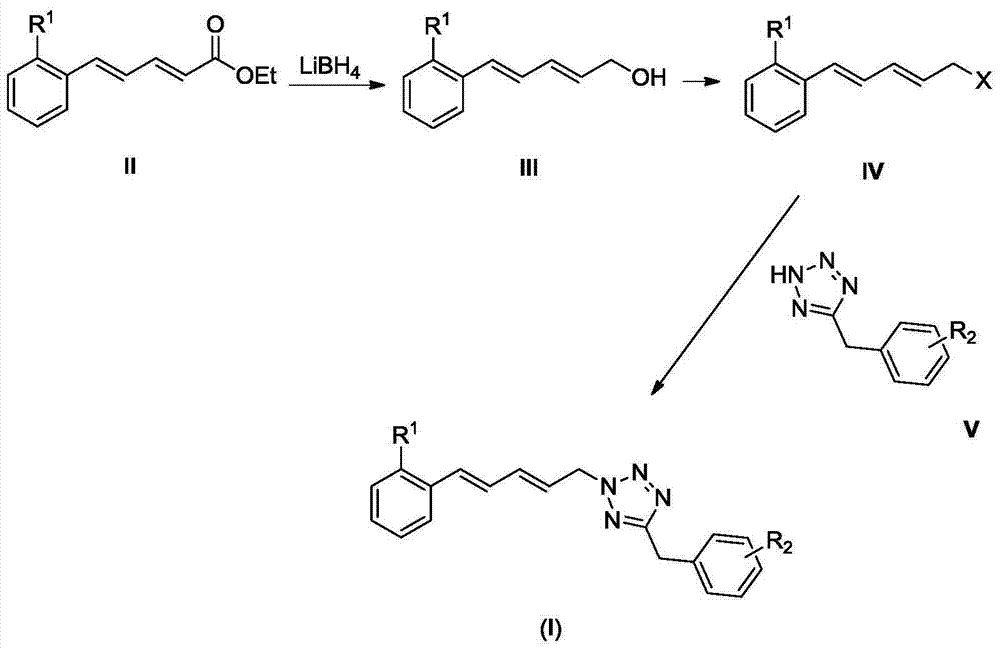 Diene tetrazole halobenzene series compound and preparation method and applications thereof