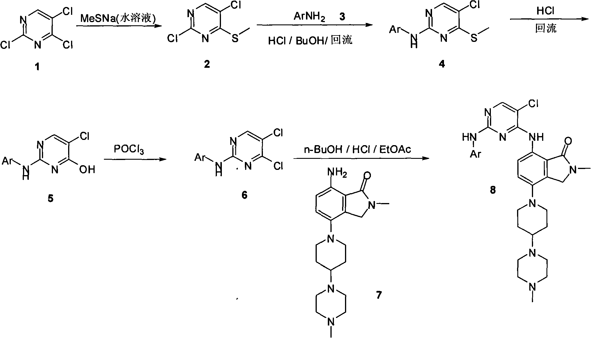 Synthesizing method of 2-methyl-7-(substituted pyrimidine-4-amino)-4-(substituted piperazine-1-base) piperidine-1-base) isoindoline-1-ketone and intermediate thereof