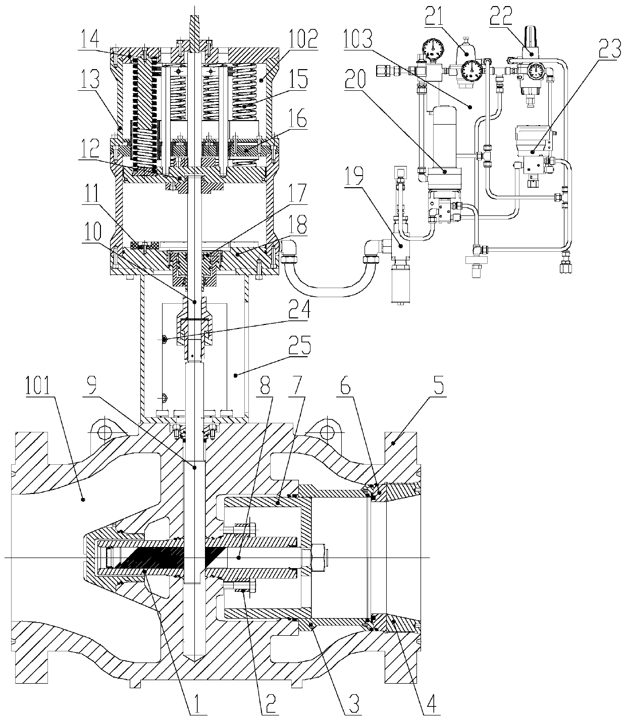 Pneumatic axial flow type emergency cutoff valve