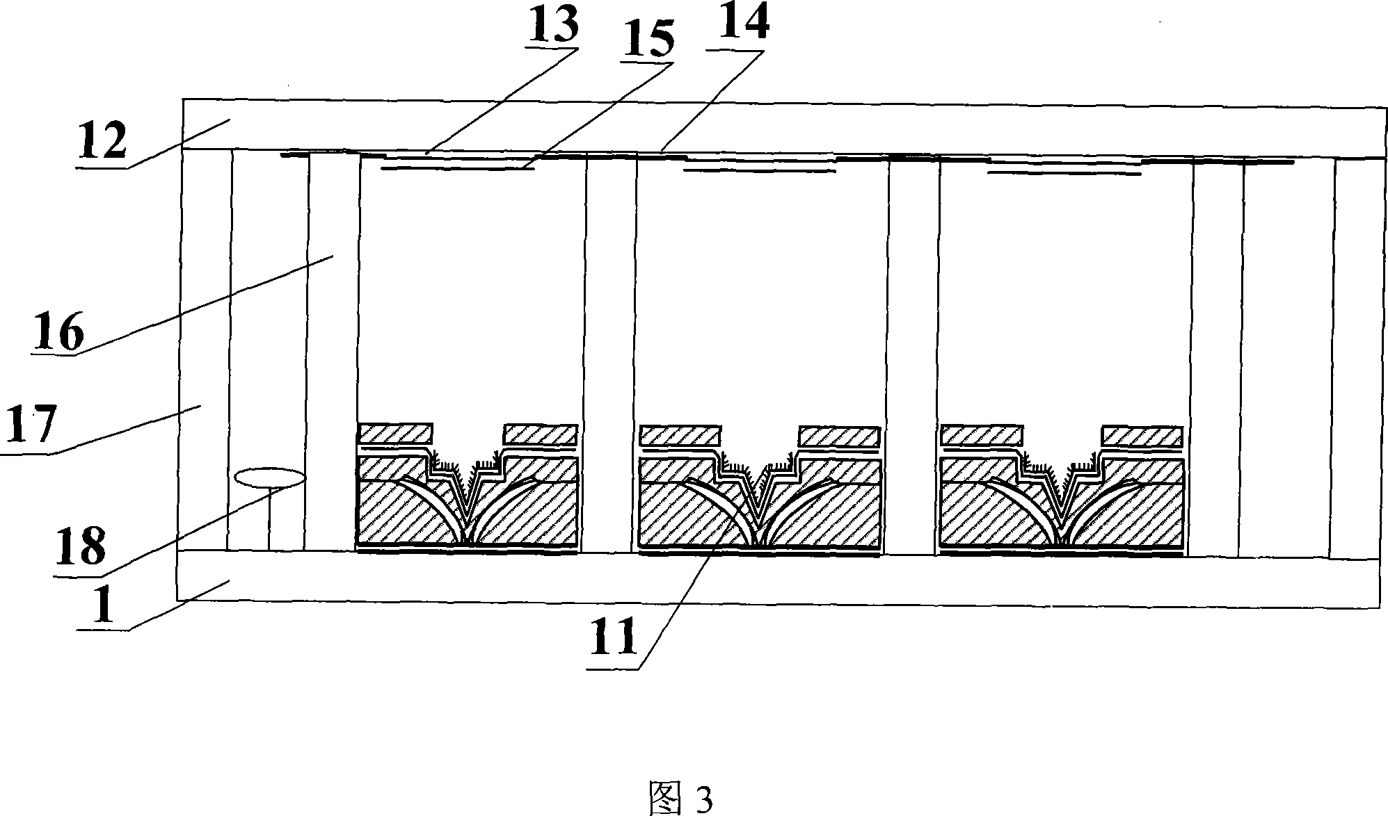 Planar display device with reversed arced lower-grid controlled multi-sided cathode structure and its production