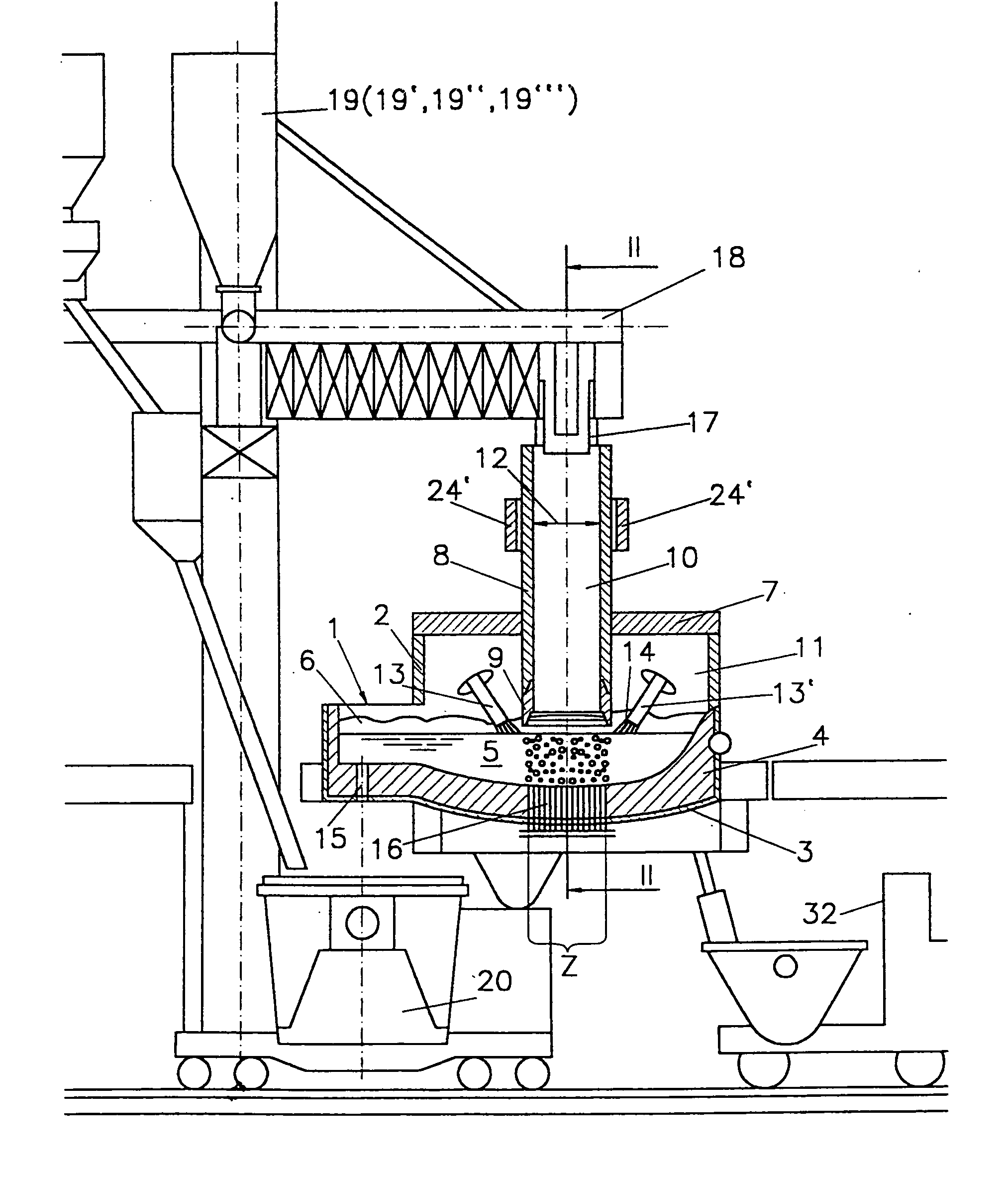 Device for melting down metal-containing material