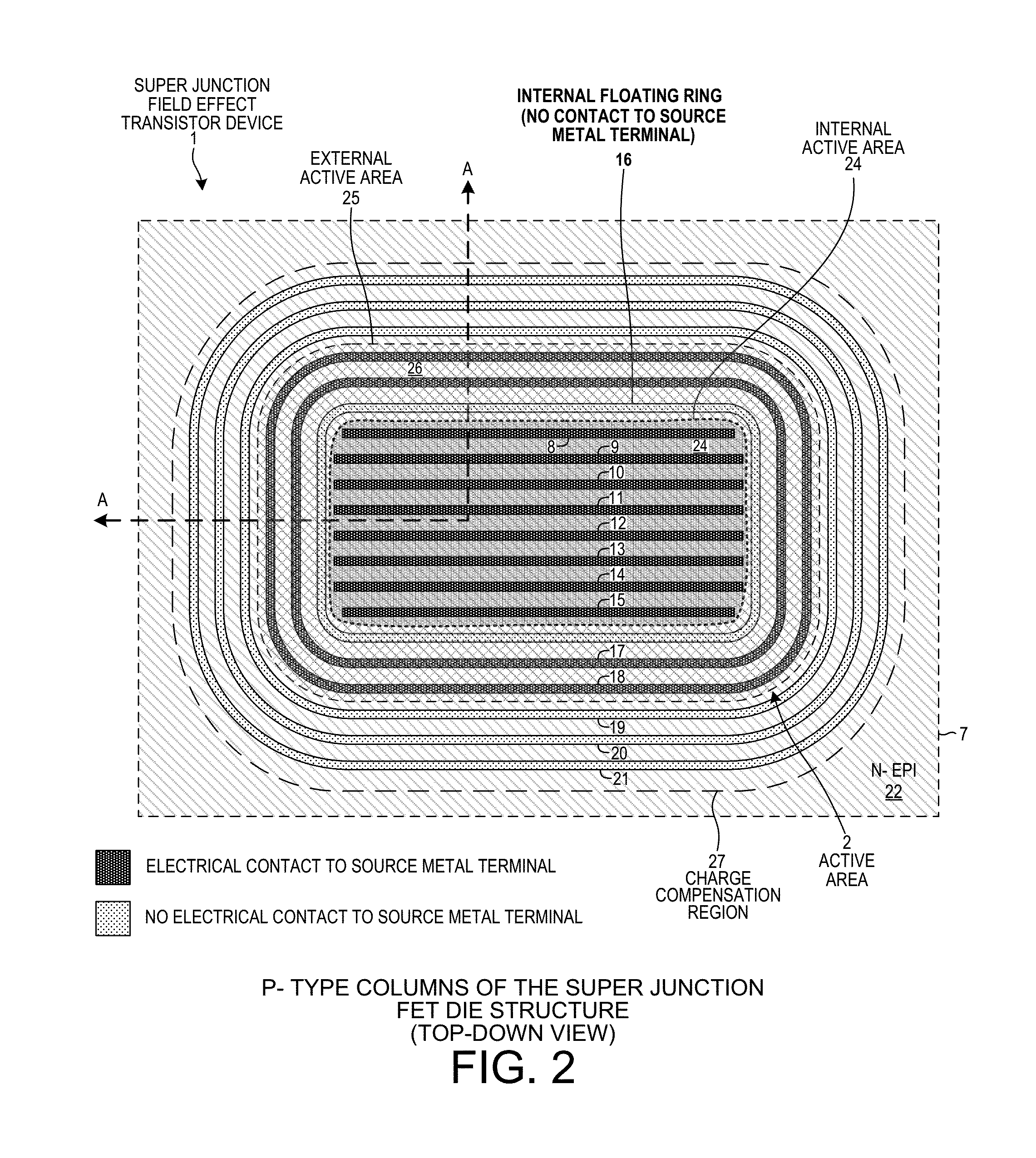 Super junction field effect transistor with internal floating ring