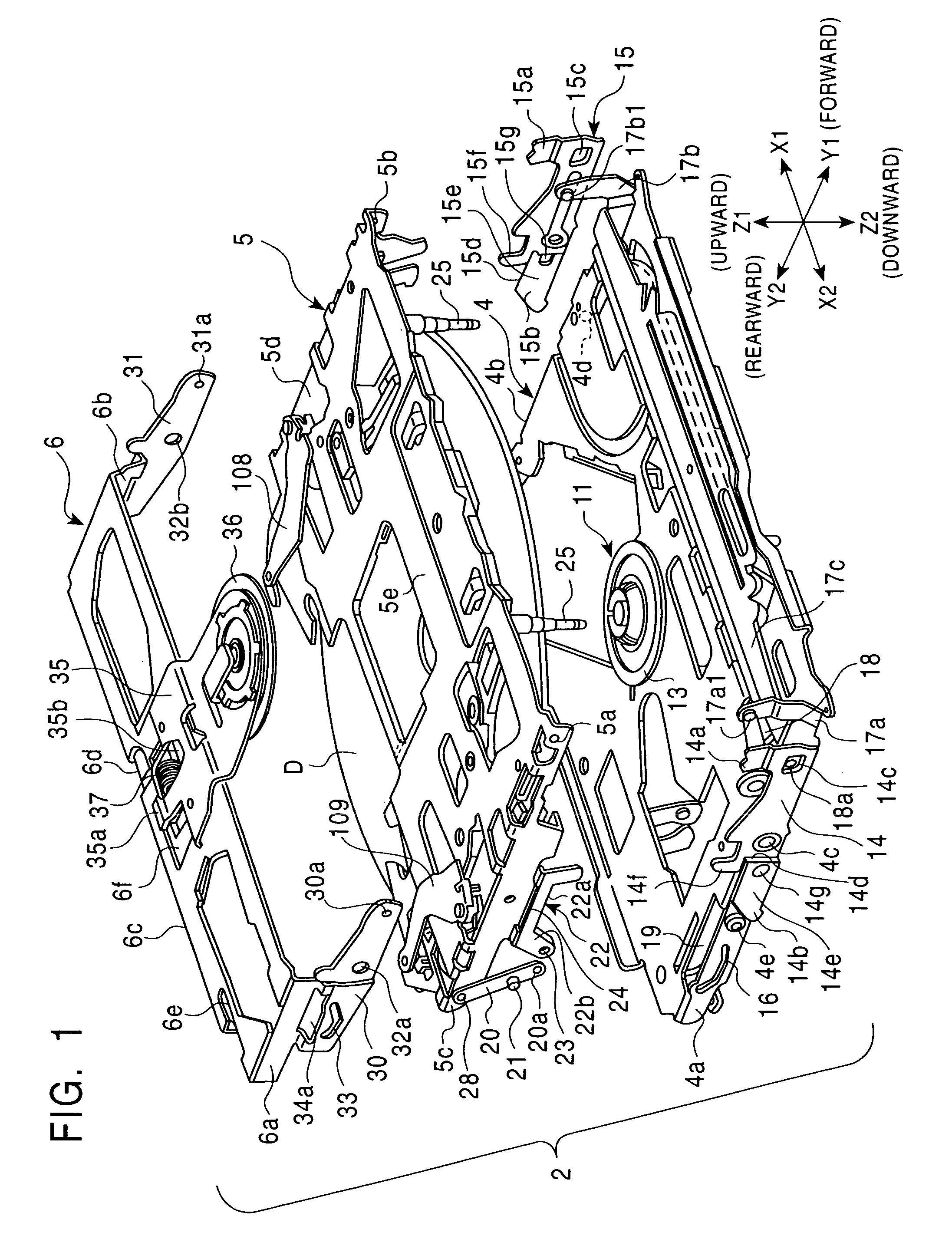 Disk device with clamp mechanism, attitude set-up member and conveying mechanism